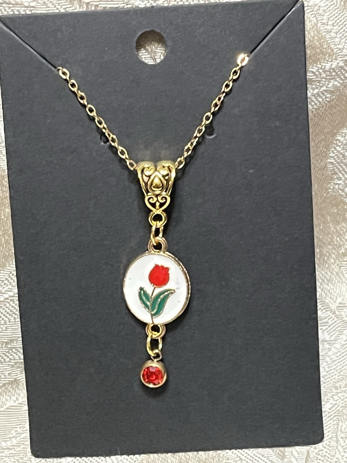 Retro Floral Gem Enamel Pendant Gold 18” Necklace Bohemian Floral Novelty