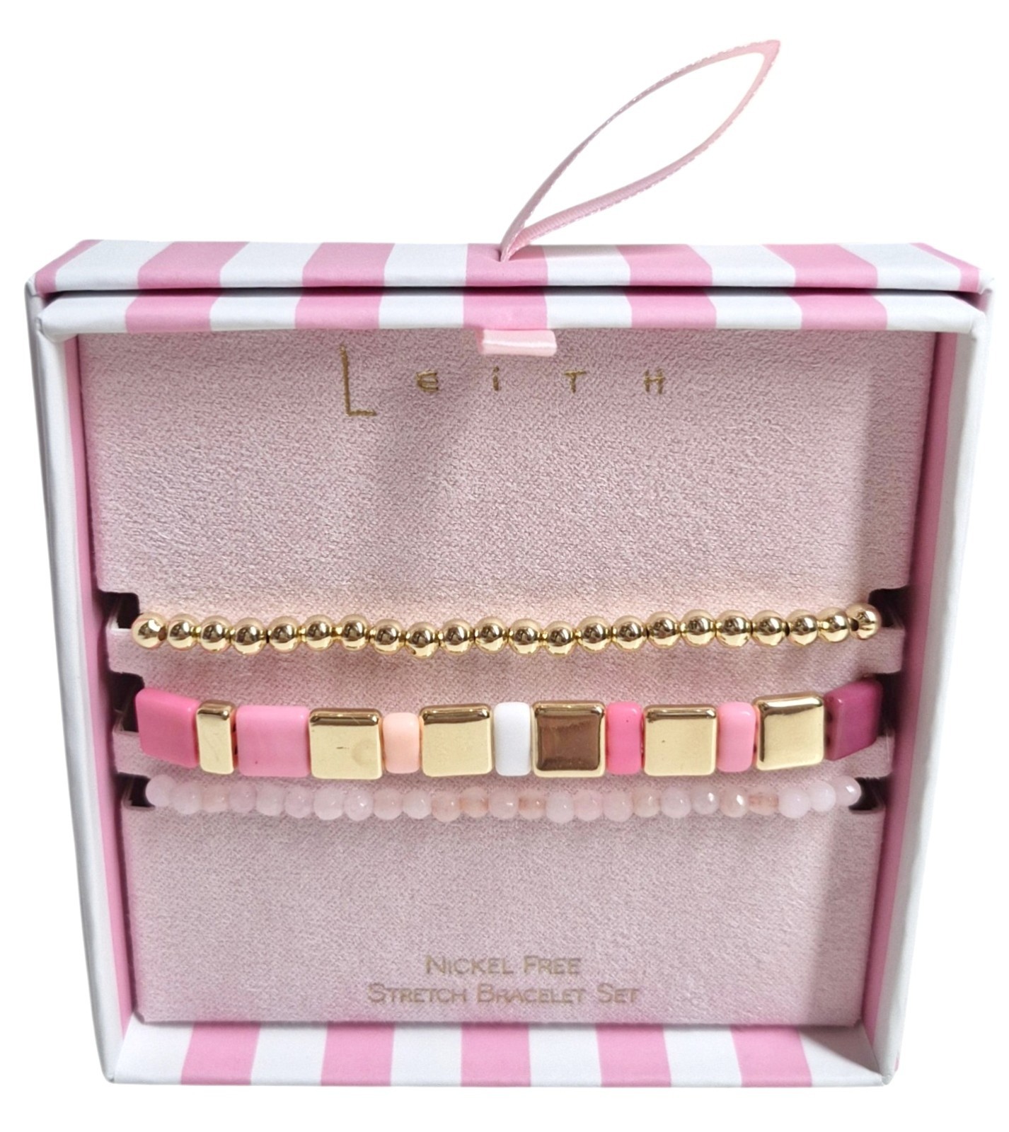 Leith Layered Stretch Bracelet Set of Three Pink White Goldtone Multi-Color NIB