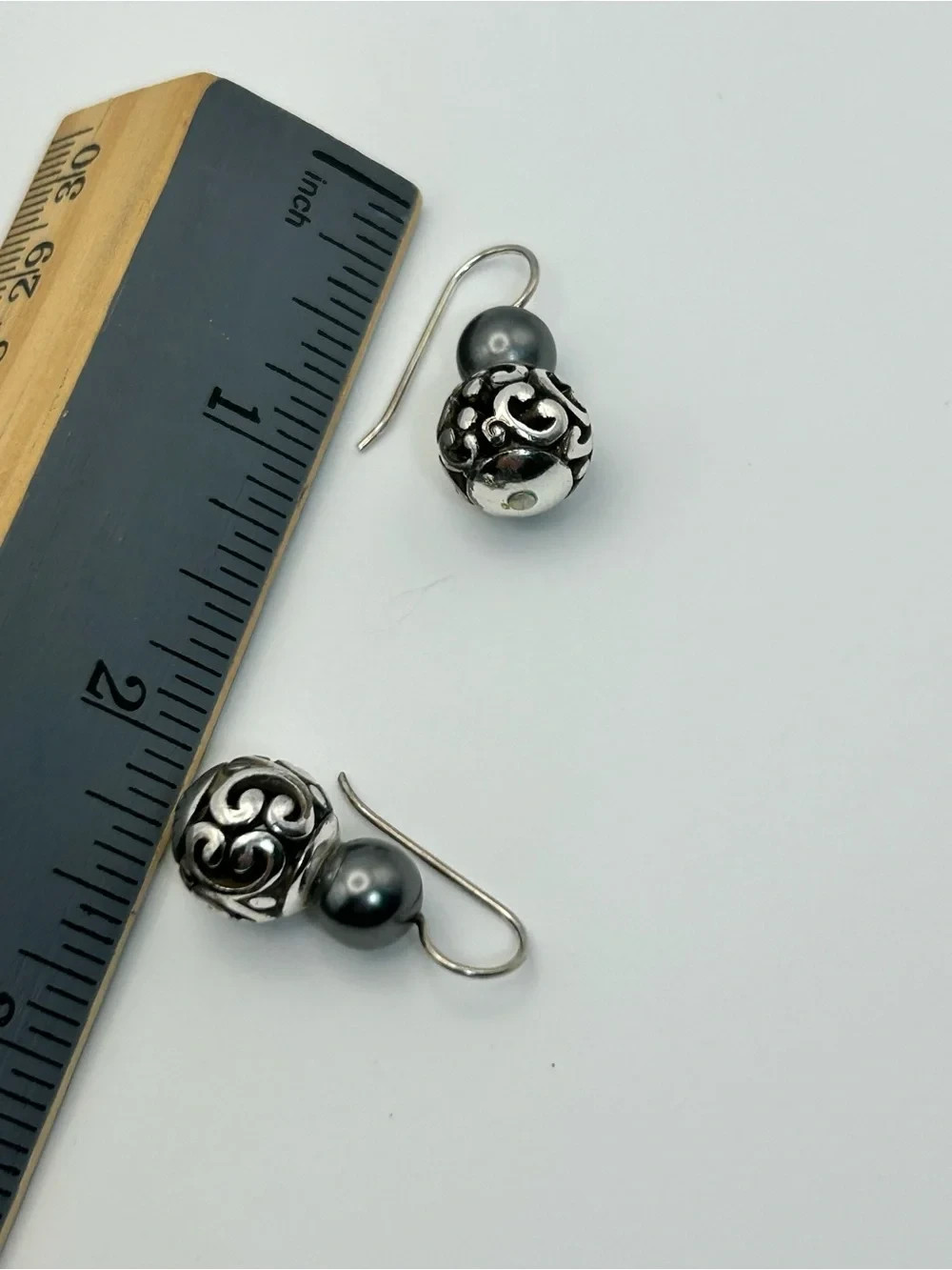 Brighton Contempo Gray Pearl Ball Earrings Silver Plated Dangle Drop 1″
