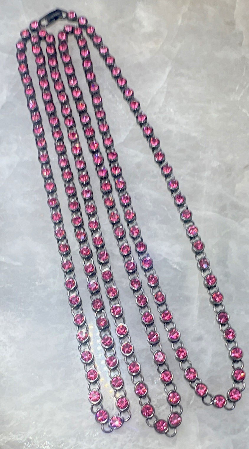 Pink Simulated Crystal Station Chain Necklace Dark Silver Tone Lobster Clasp 48”