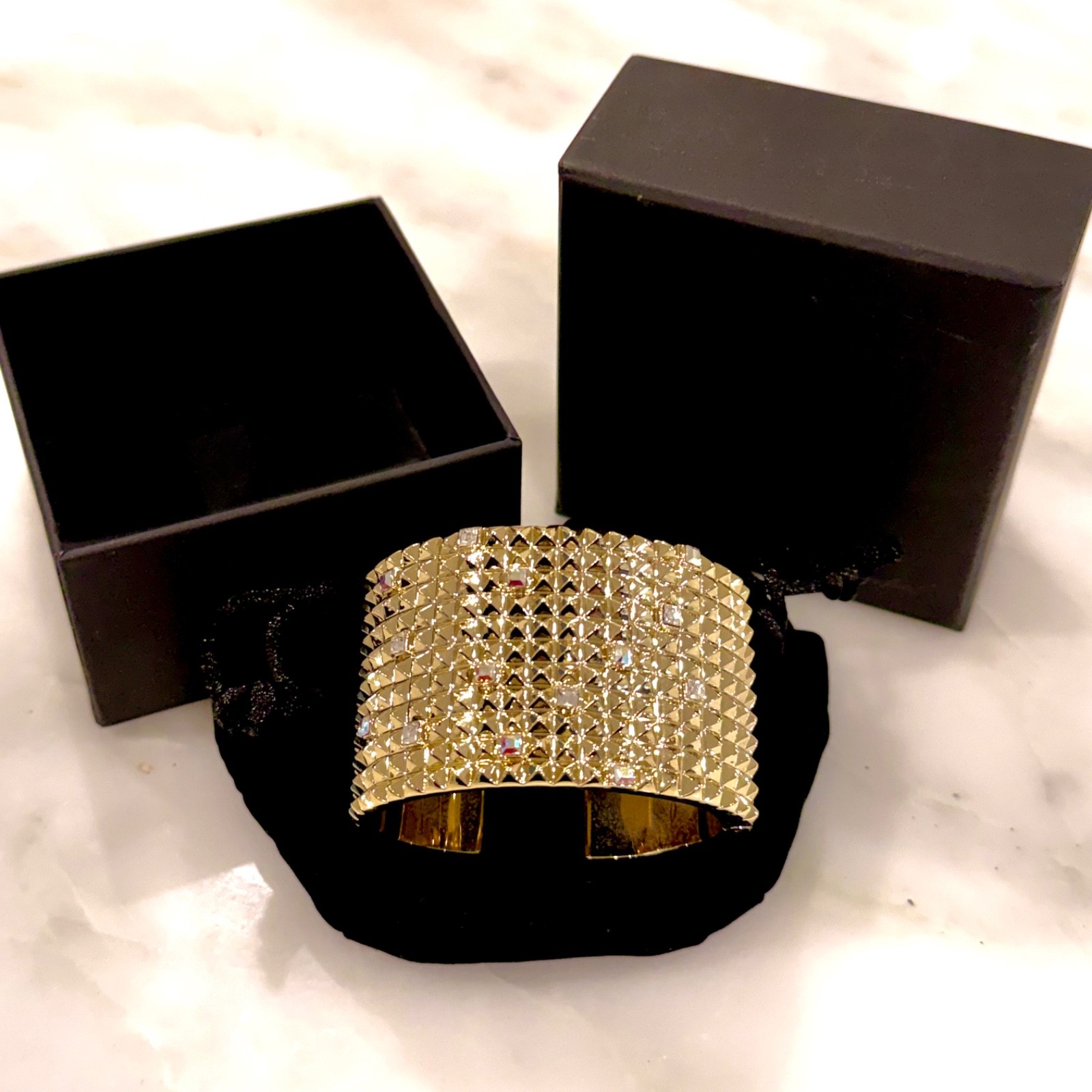 Karl Lagerfeld 11-row Pyramid Stud & Crystal-Embellished Hinged Cuff – SM