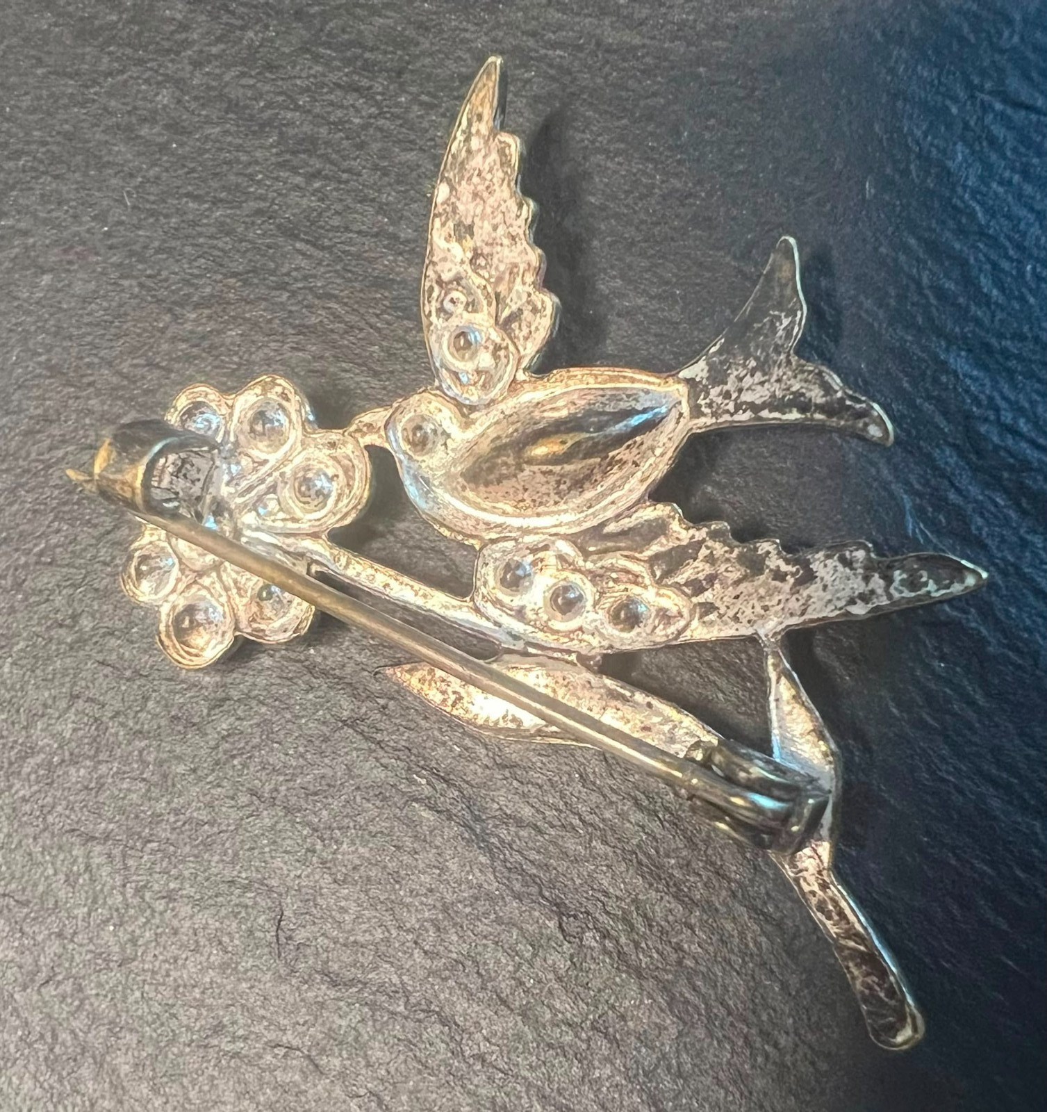 Vintage Red Enamel Bird Brooch Pink Rhinestone Floral Spray Gold Tone Retro Pin
