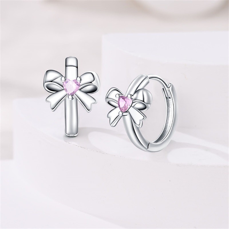 PANDACH Women Sterling Silver Girl CZ Bow Tie Huggie Hoop Earrings Birthday Gift