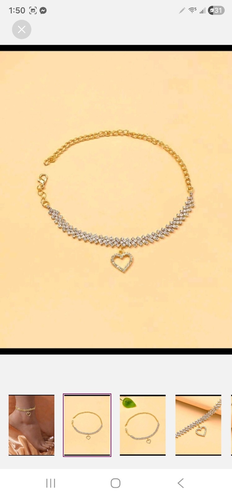 Gold Tone Clear Round Crystal Cable Chain Anklet Heart Charm Lobster Closure