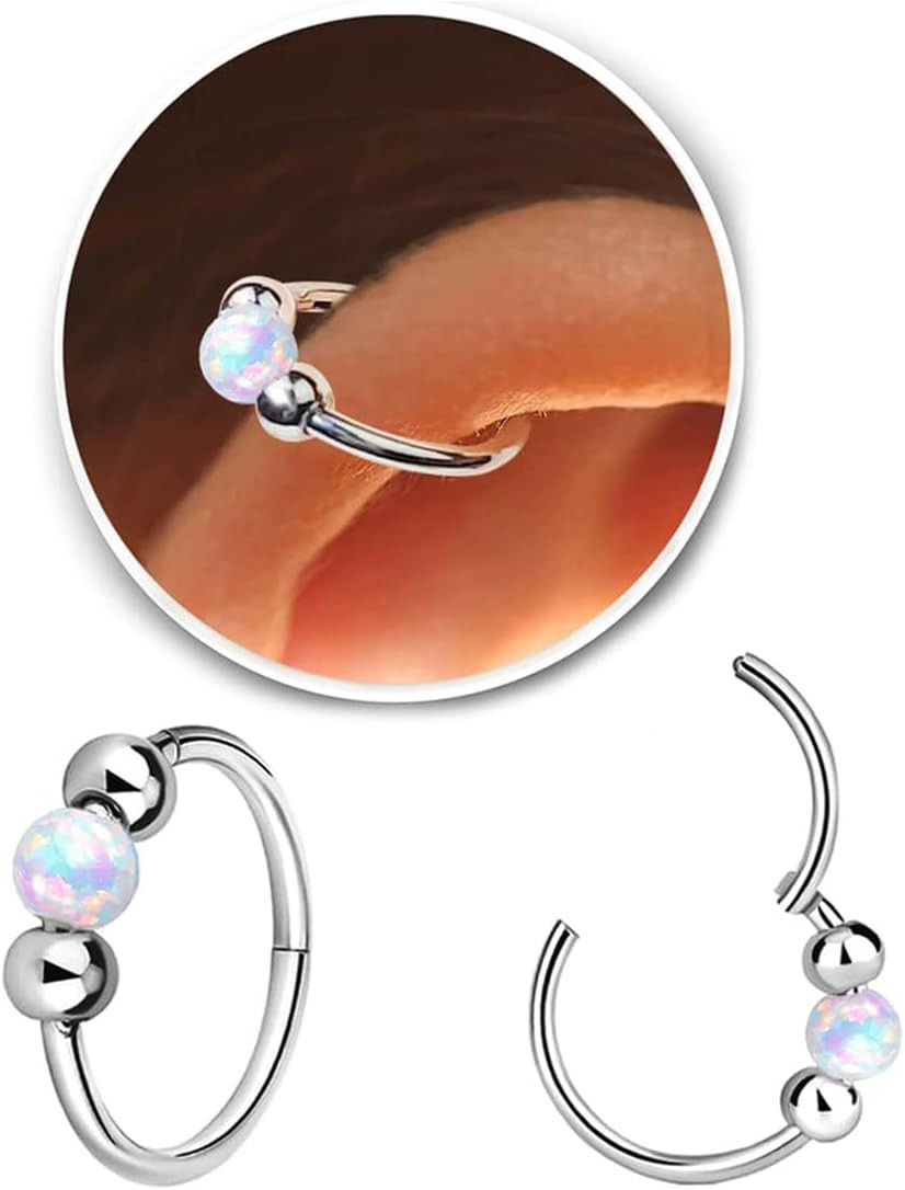 2 Pcs Small Cartilage Hoop Earrings for Women Men, 18G Opal Silver Earrings Hypo
