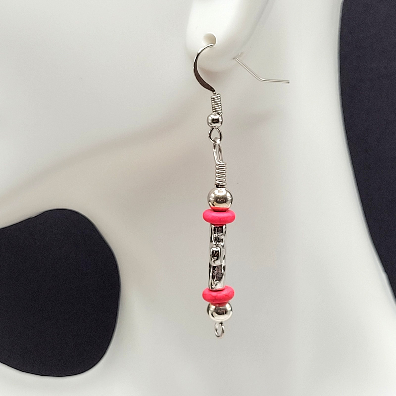 Southwestern Silver Tone Cross w Pink Ceramic Bead Metal Hook Pierced Earrings
