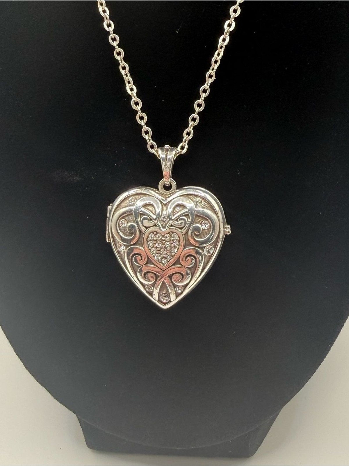 Brighton Crystal Heart Locket Necklace Silver Tone Photo Locket