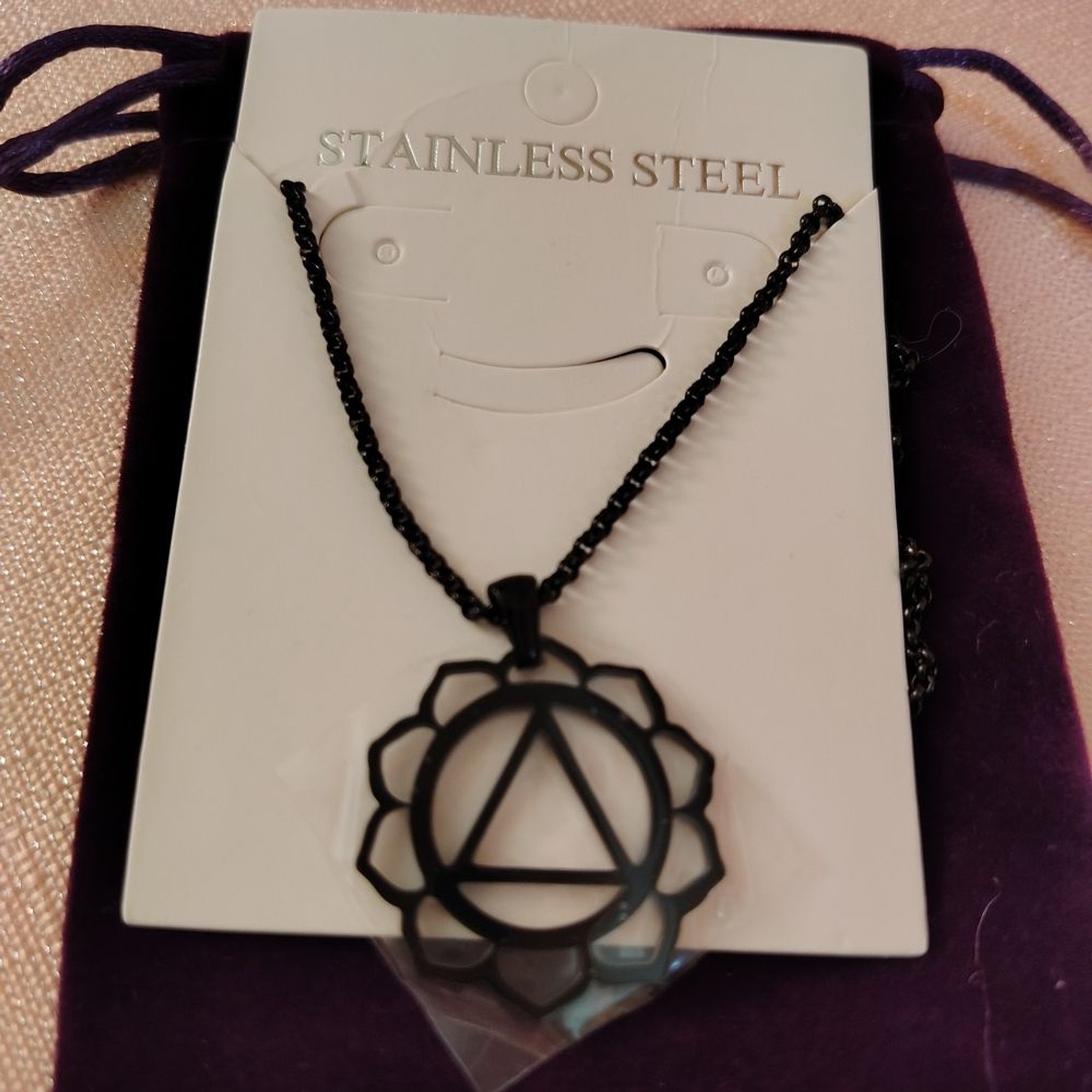 Black Geometric Stainless Steel Triangle Lotus Pendant Necklace