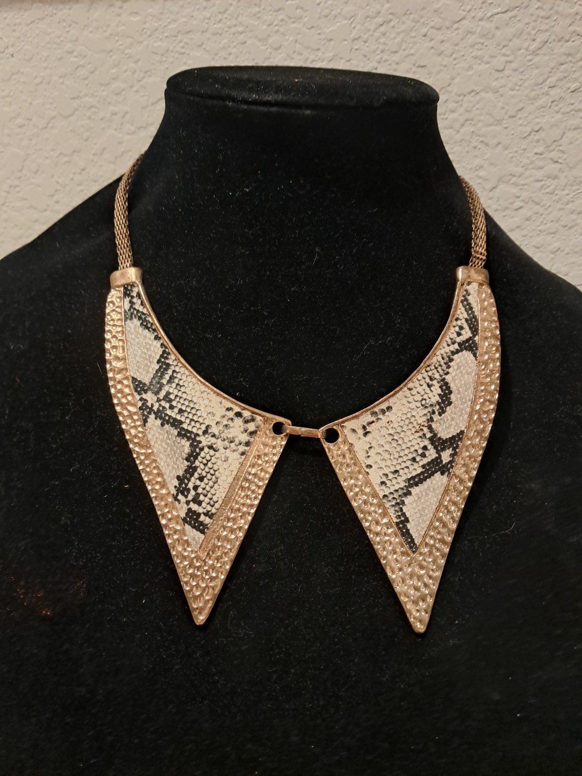 Gold Tone Snake Print Faux Leather Collar Statement Necklace Adjustable