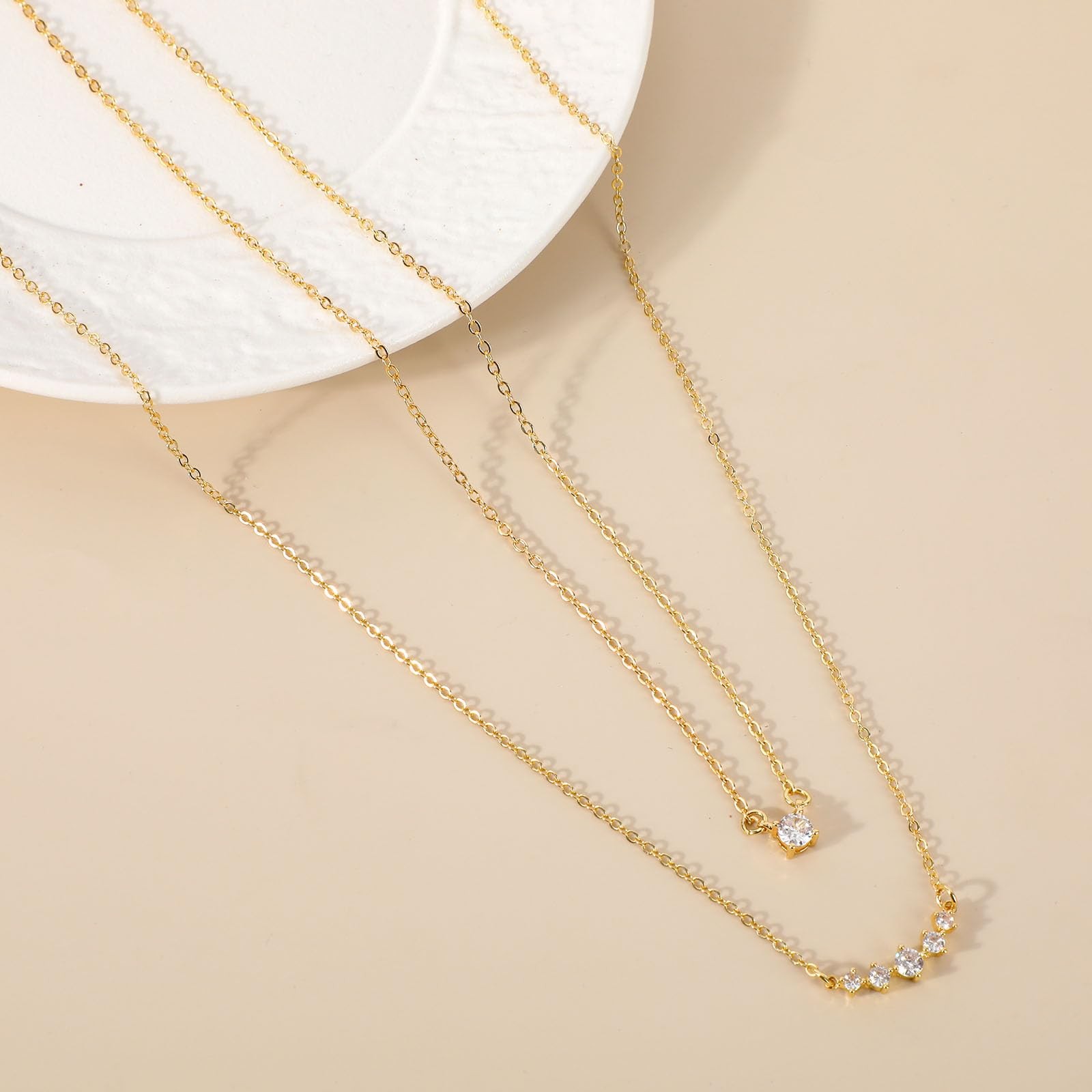 Mikovivi Stackable Zircon Necklace for Women, Adjustable, Gold, 2pcs