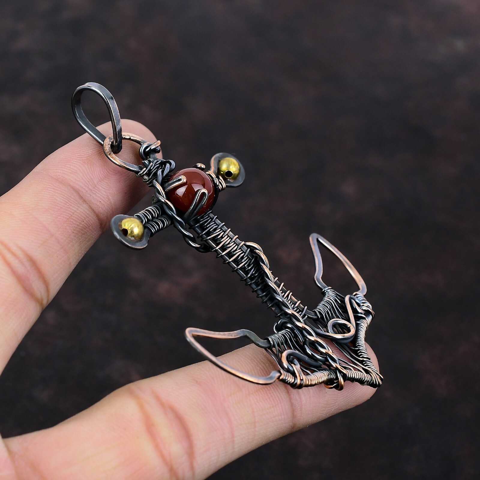 Carnelian Copper Gift For Bridesmaid Wire Wrapped Anchor Pendant 3.35″