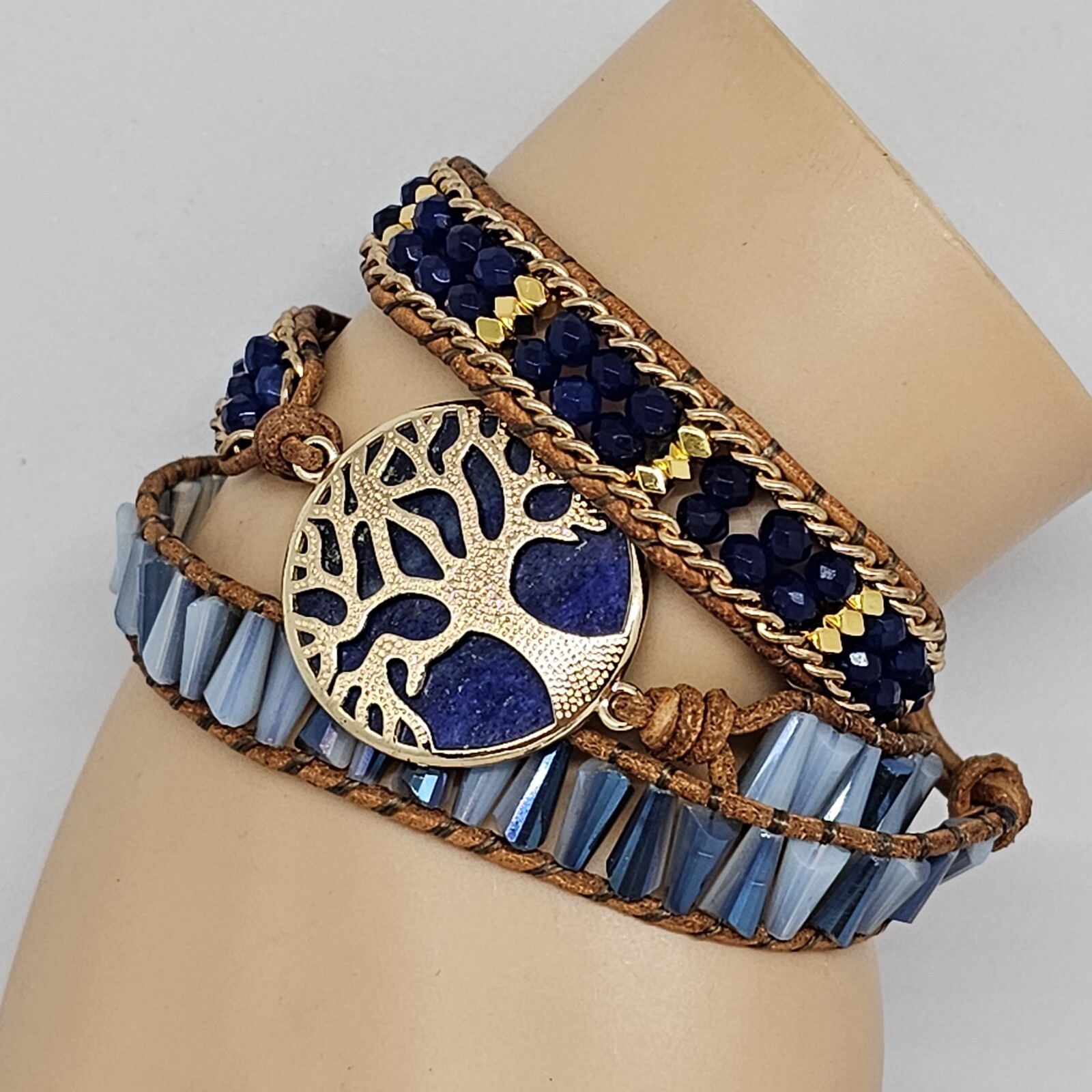 Blue Lapis Lazuli Tree of Life Bracelet Gold Crystal Braded Wrap Leather Boho