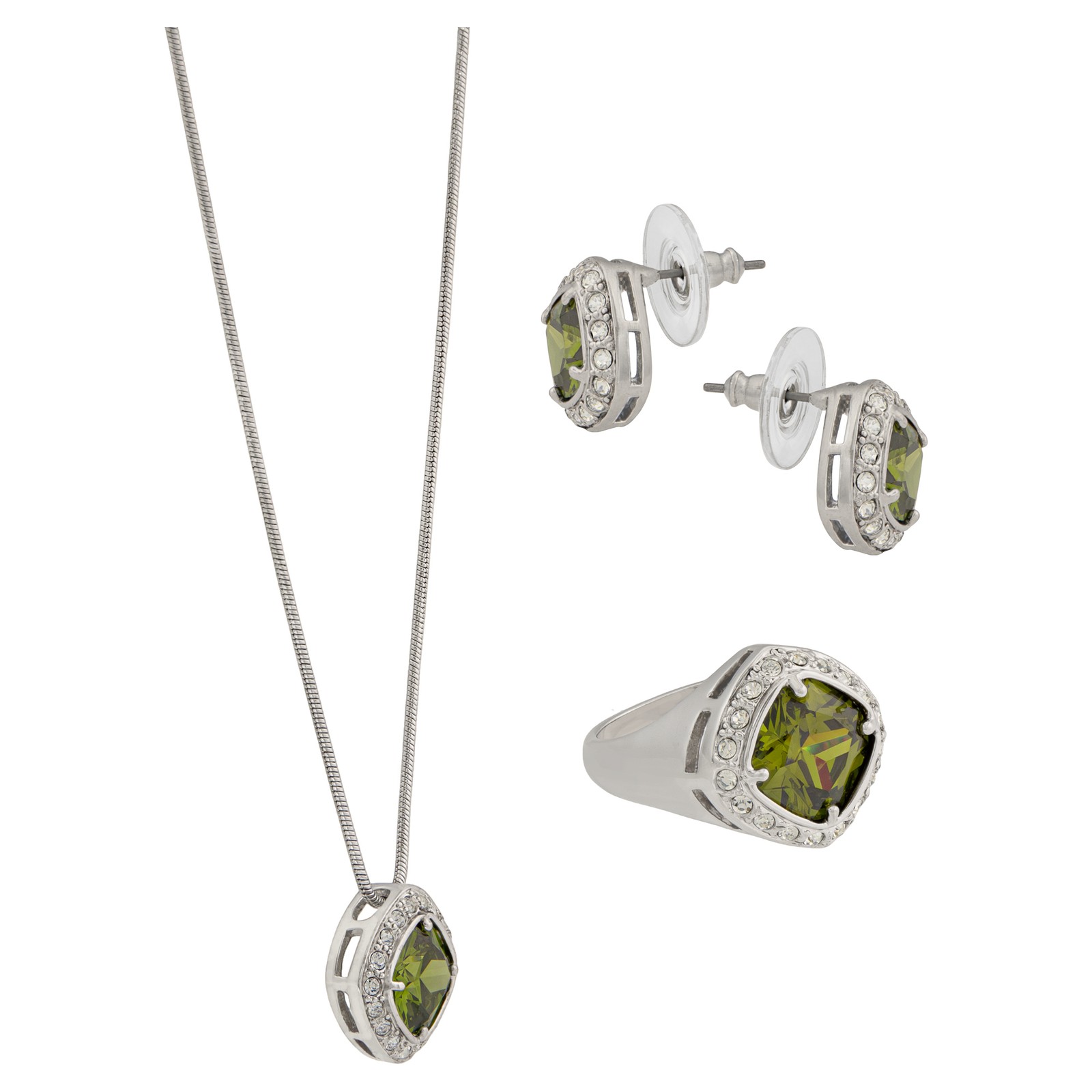 Green Peridot Silver Tone Rhodium Plated Pendant, Earring & Ring Set (Size 6)