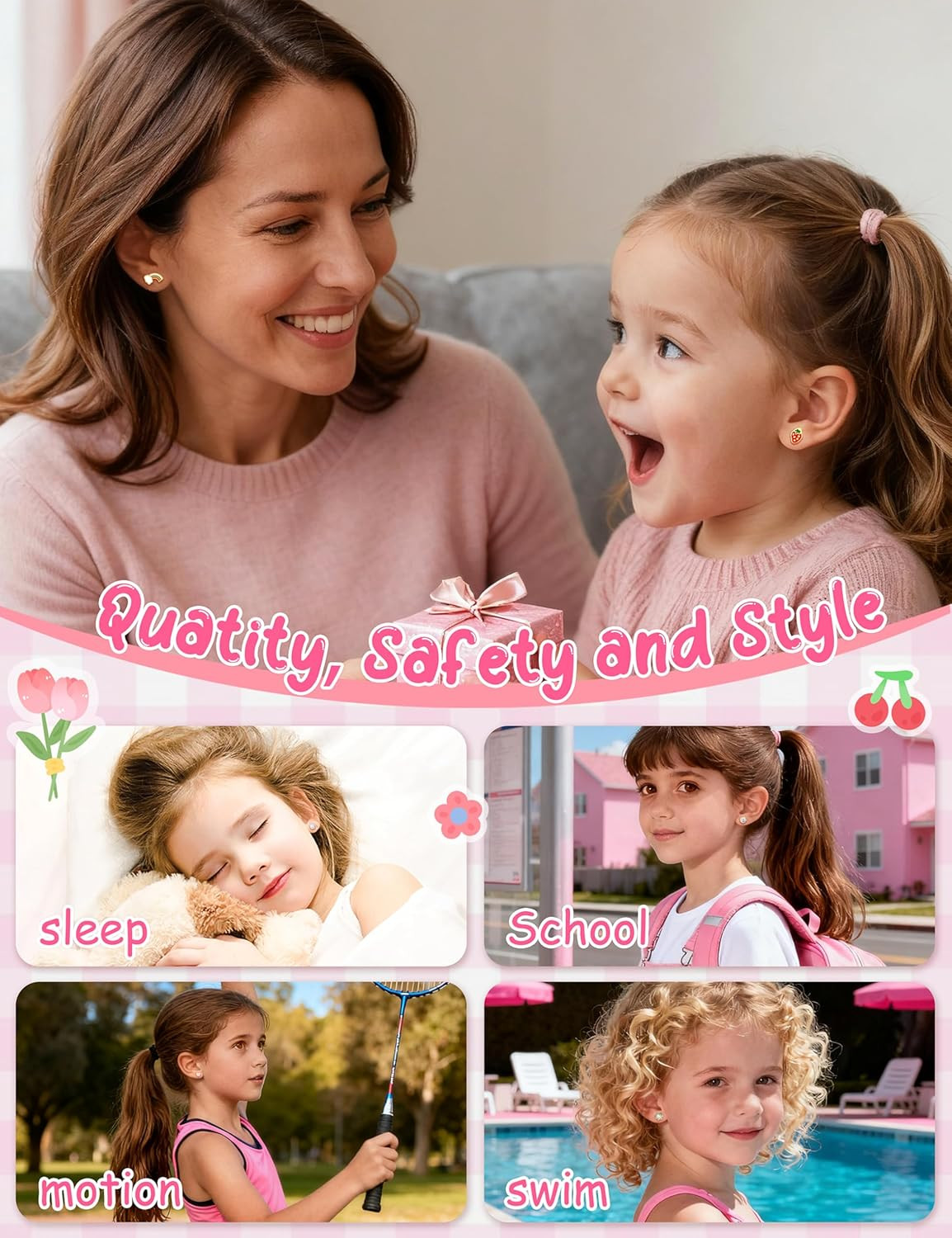 Hypoallergenic Flat Back Earrings for Girls Kids Toddler Women 10 Pair Surgical
