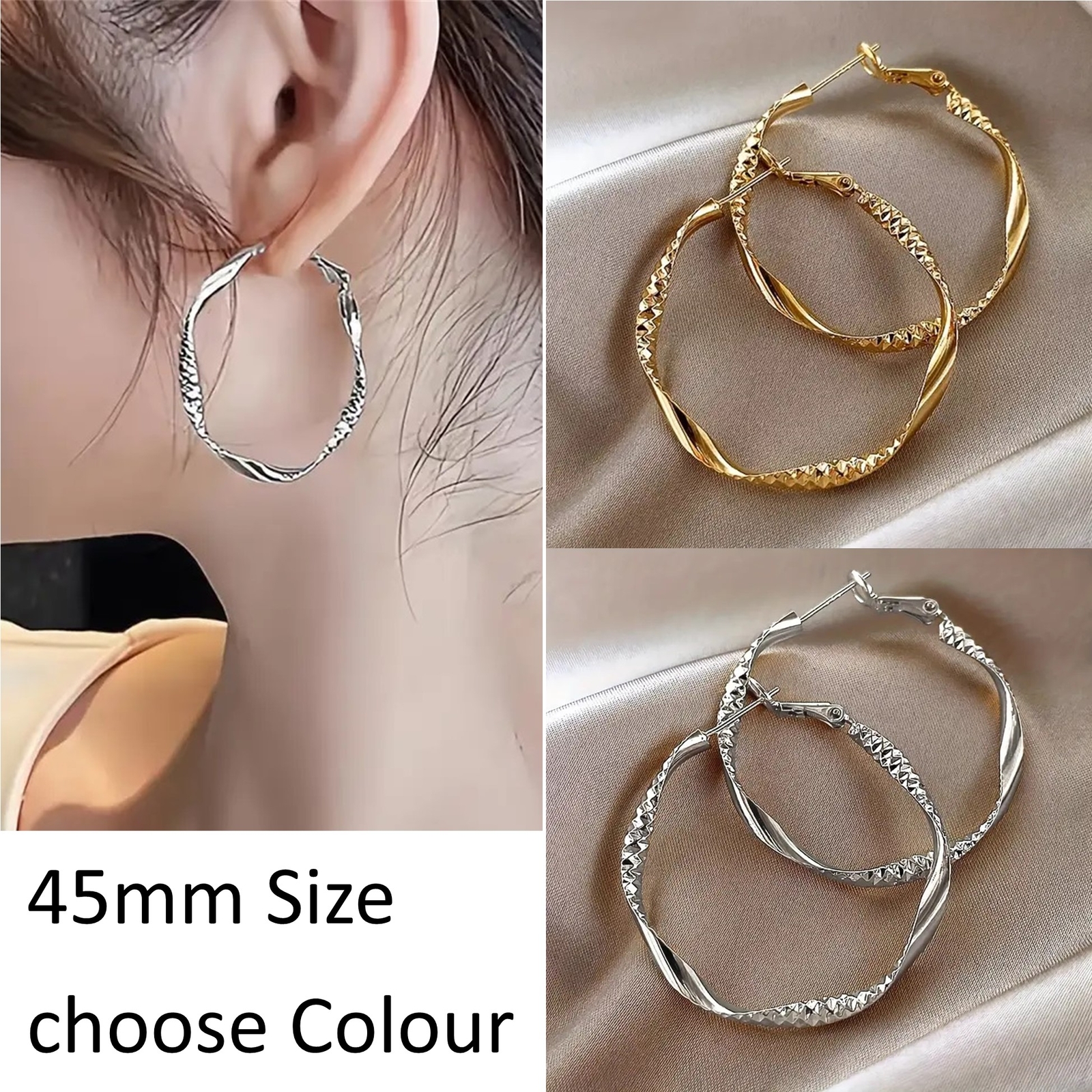 2 Pairs Fashionable Gold Circle Earrings Textured Twist Design Hoop Earrings
