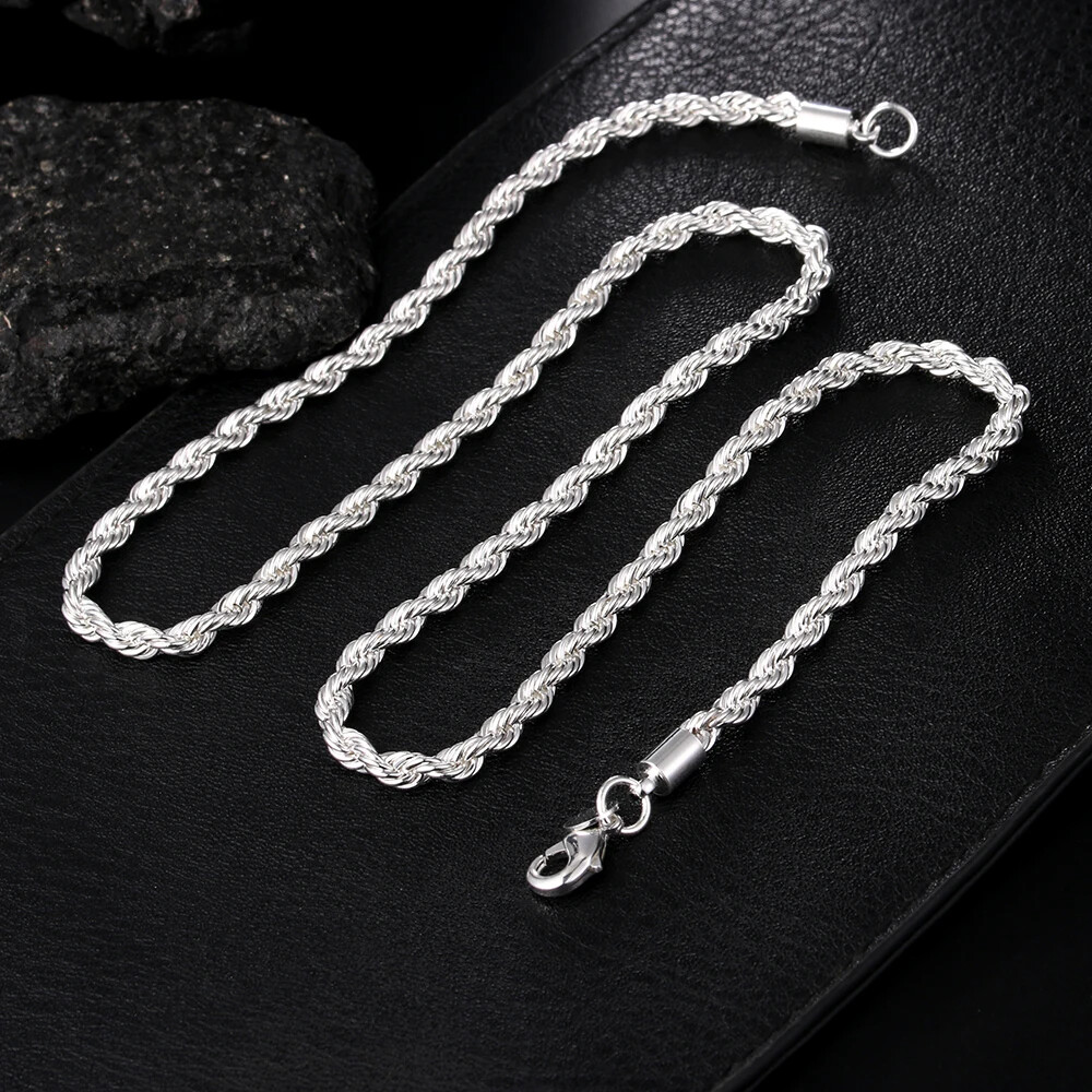 925 sterling silver 4MM chain male twisted rope necklace bracelets jewelry Set