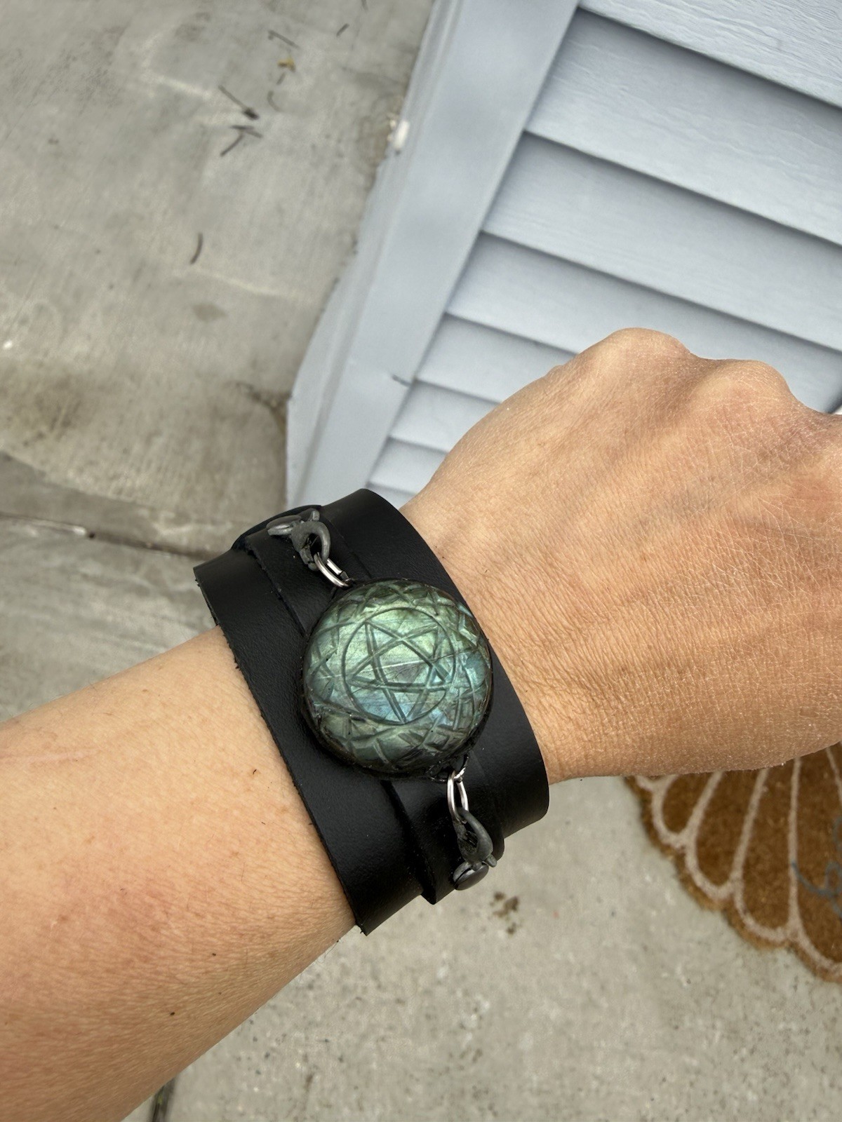Black vegan Leather Wide Cuff Bracelet w/ Buckle Closure, Adjustable labradorite