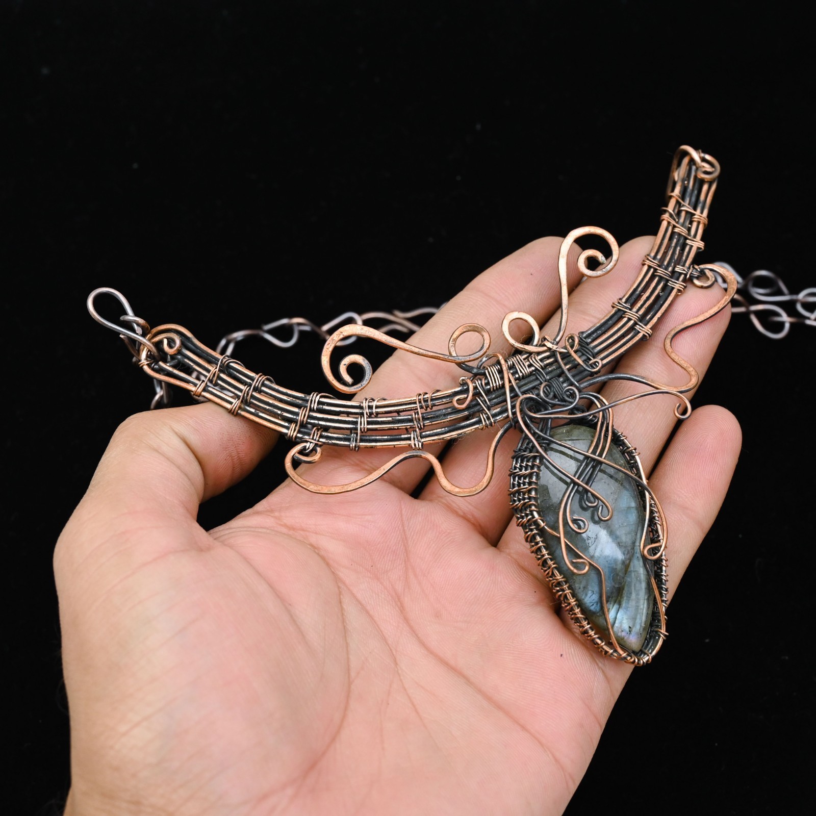 Copper Wire Wrapped Labradorite Pendant Necklace Artisan Handcrafted Necklace