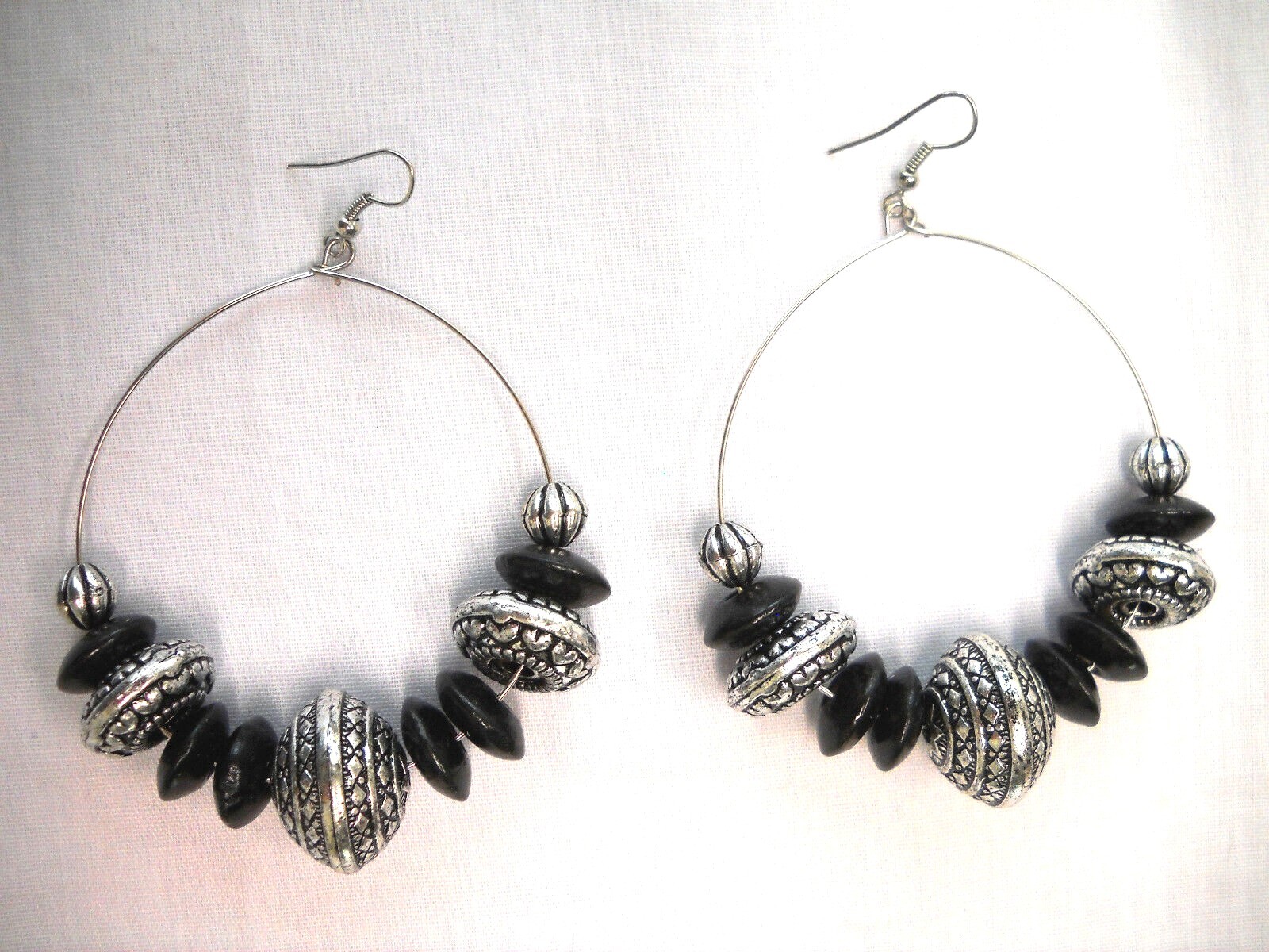 Bohemian Black Wood and Alloy Beaded Hoop Style Fashion LARGE Ethnic Earrings