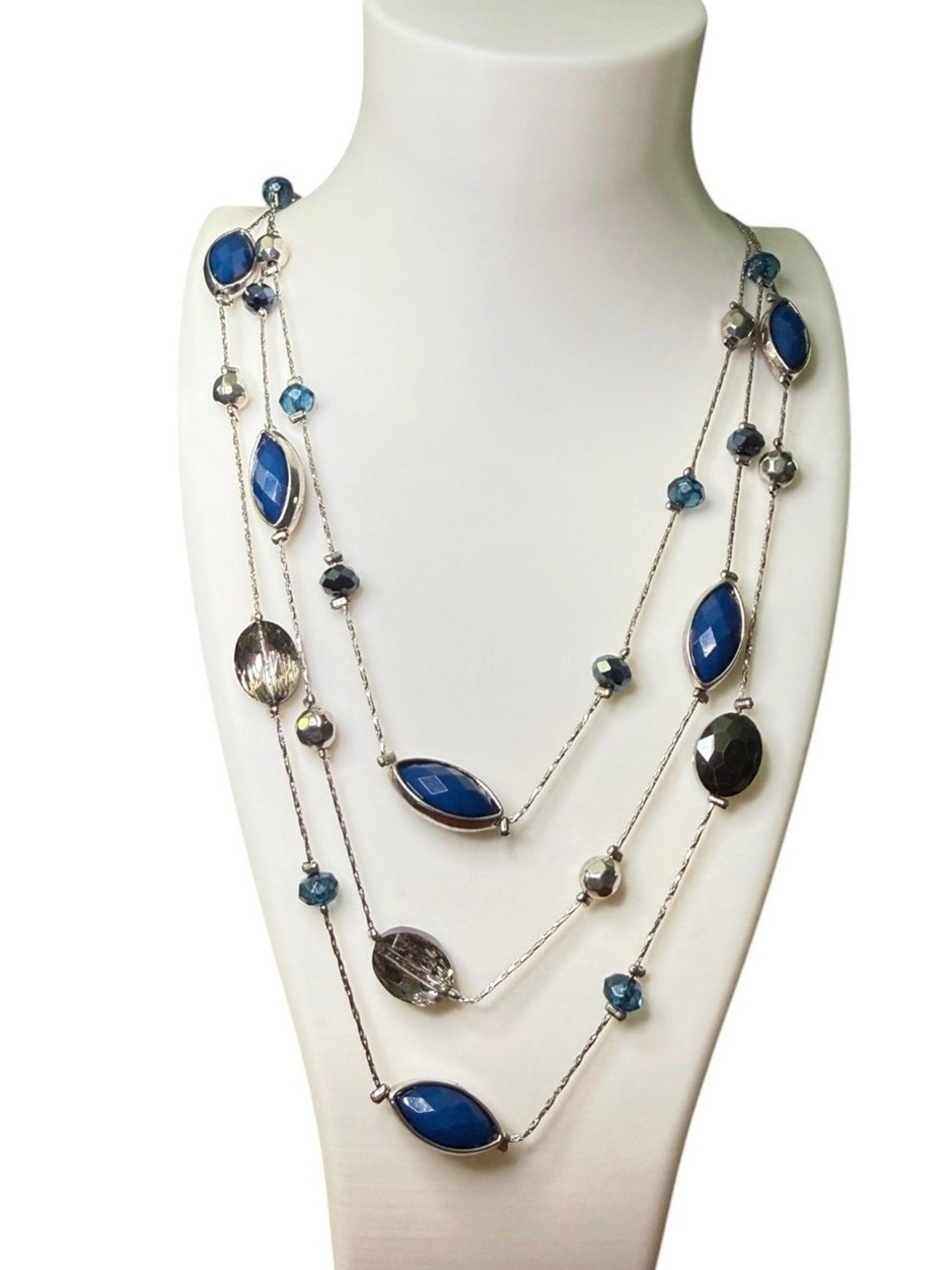 New York & Company 3-Strand Blue Beaded Statement Necklace Silver Tone 22″ NY