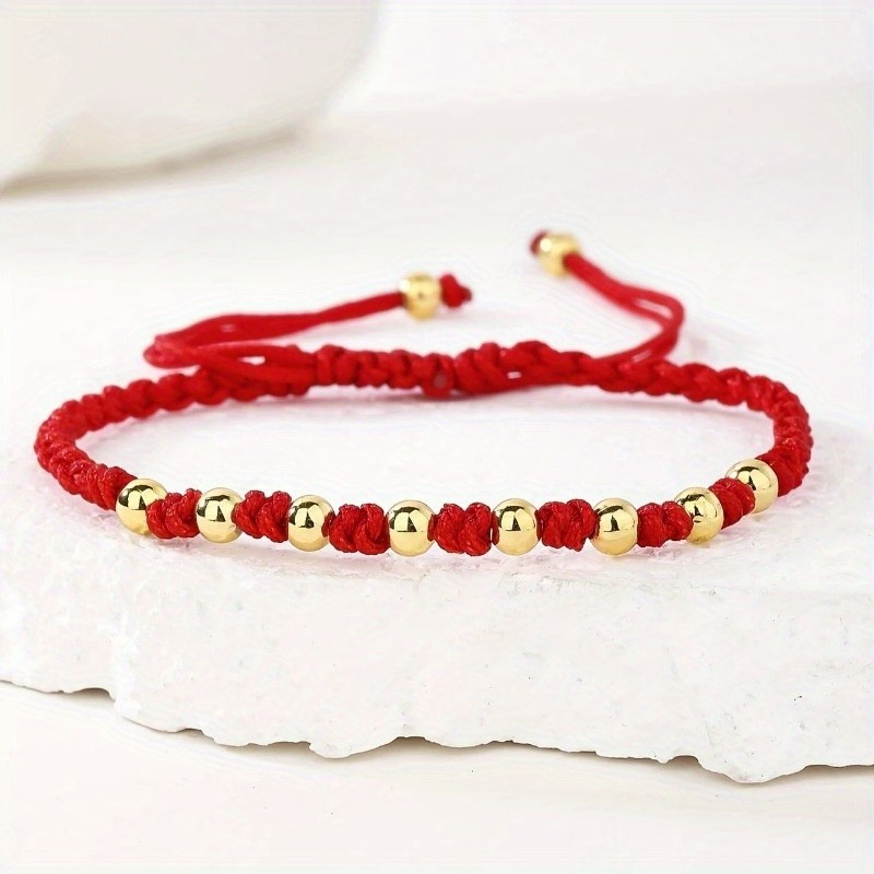 Men’s and Women’s Golden Copper Round Bead Red Braided Rope Bracelet
