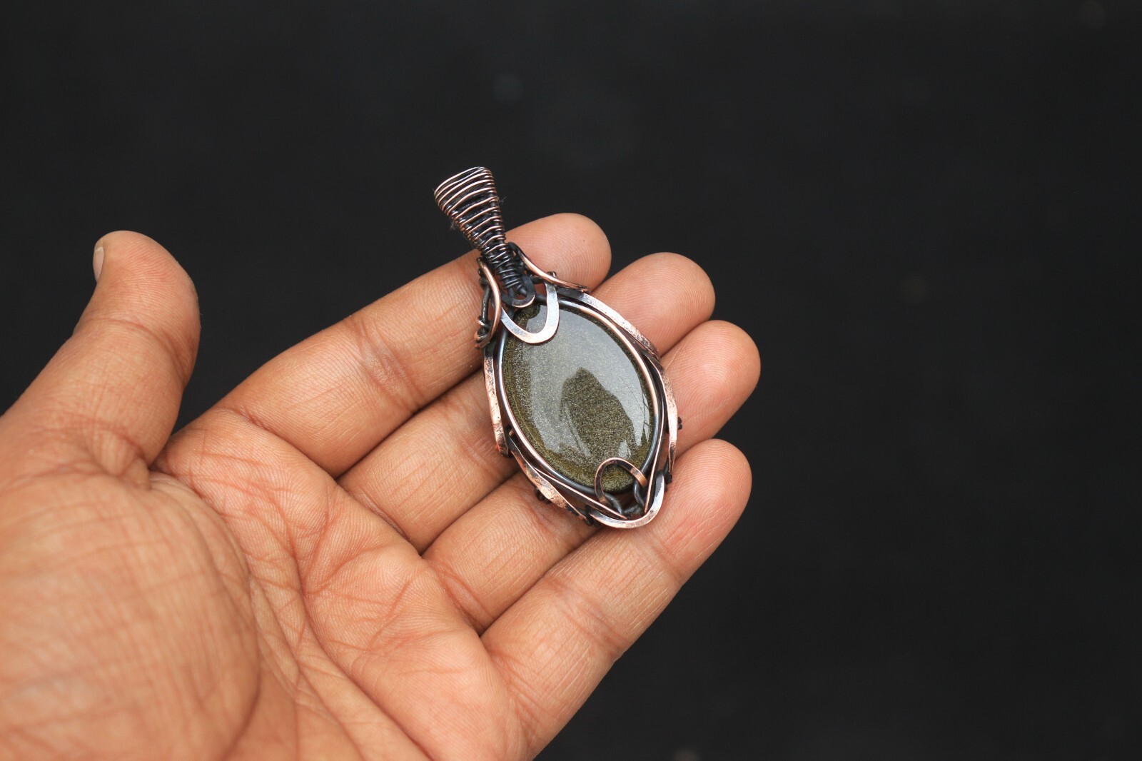 Golden Sheen Obsidian Copper Pendant Wire Wrap Gemstone fashion Jewelry N474