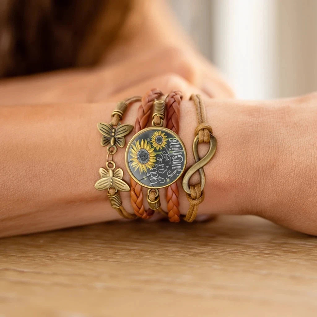 Sunflower Multilayer Leather Wrap Bracelet Women Boho Infinity Charm Bronze Gift