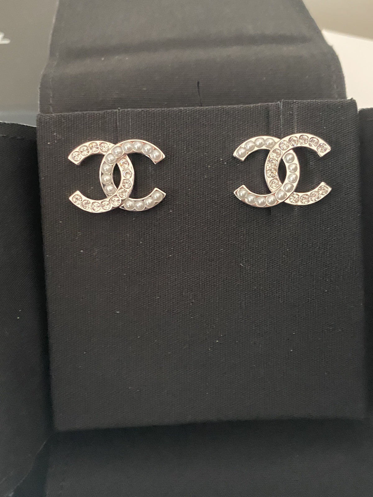 Authentic Chanel Silver Tone Crystal Stud Earrings Medium Size