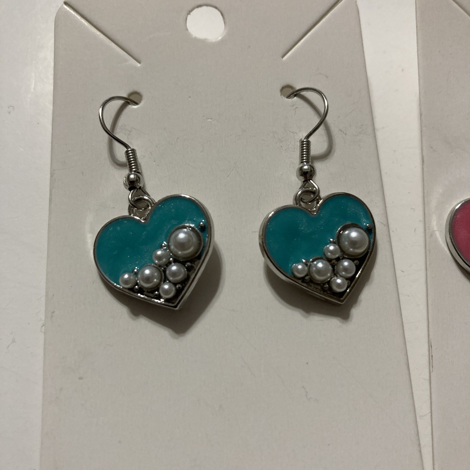 New Buyer’s Choice Pink Blue Heart Earrings Pearls SilverTone Dangle Jewelry