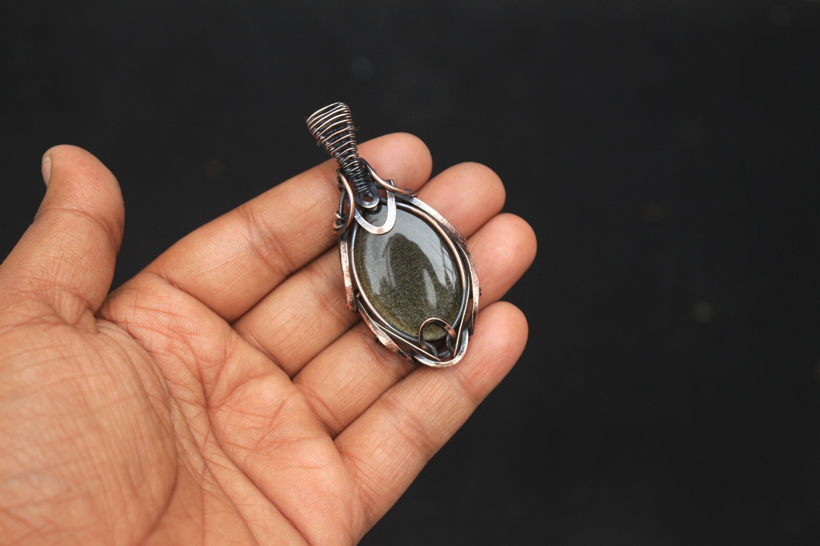 Golden Sheen Obsidian Copper Pendant Wire Wrap Gemstone fashion Jewelry N474