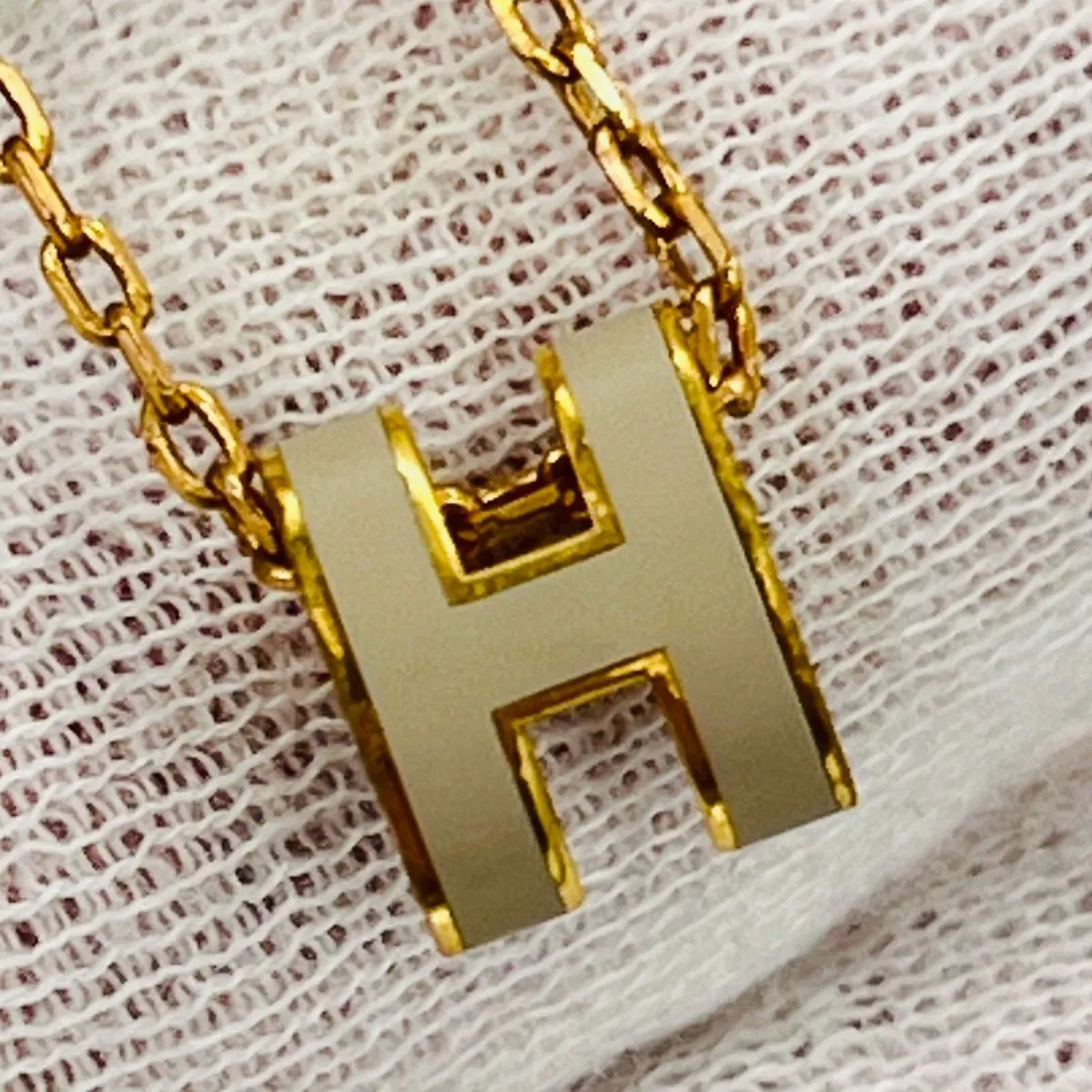 HERMES H Pop Necklace Mini Gold x Greige Chain 40cm with Box
