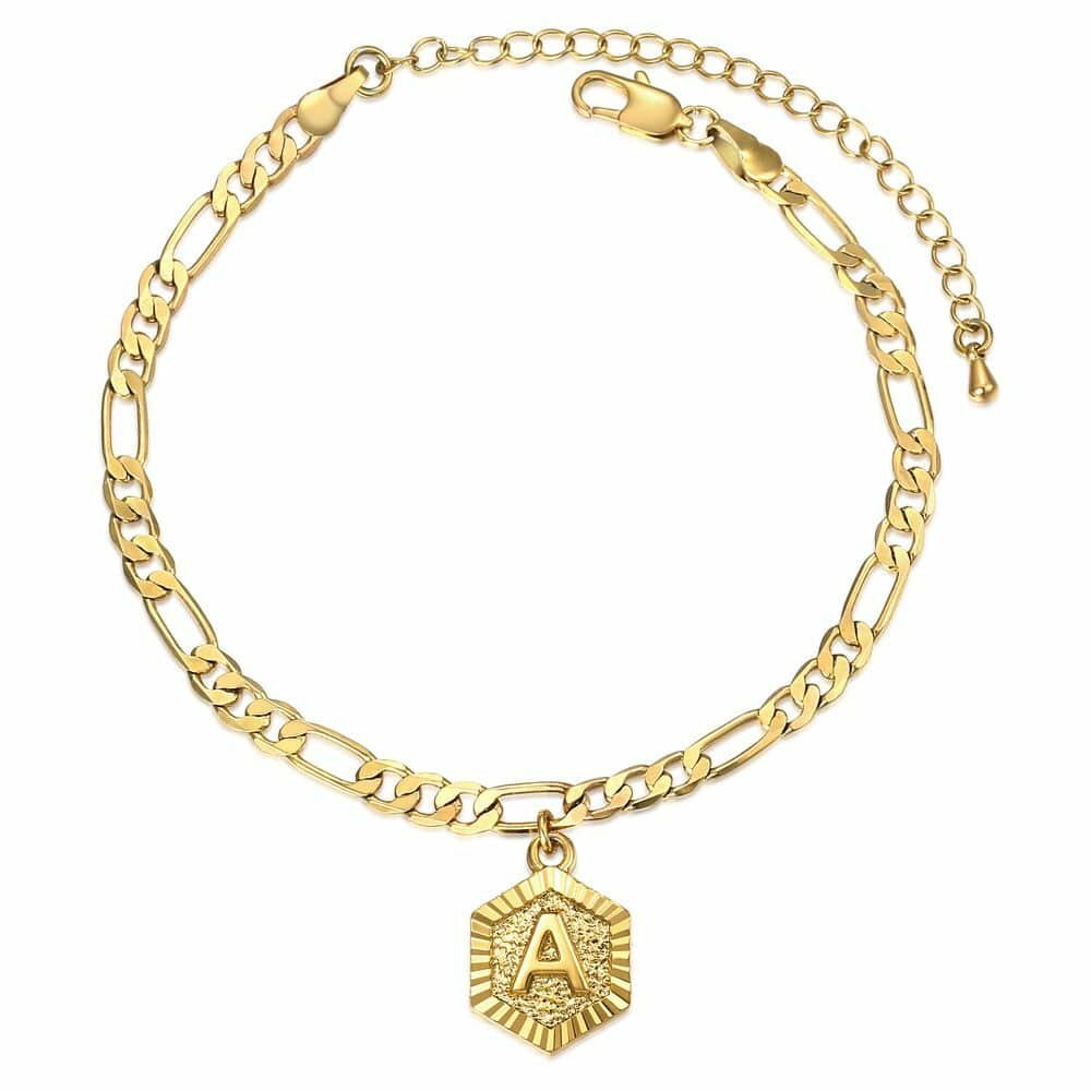 5mm Figaro Hexagon Initial Letter Charm Anklet Bracelet Gold Plated Foot chain