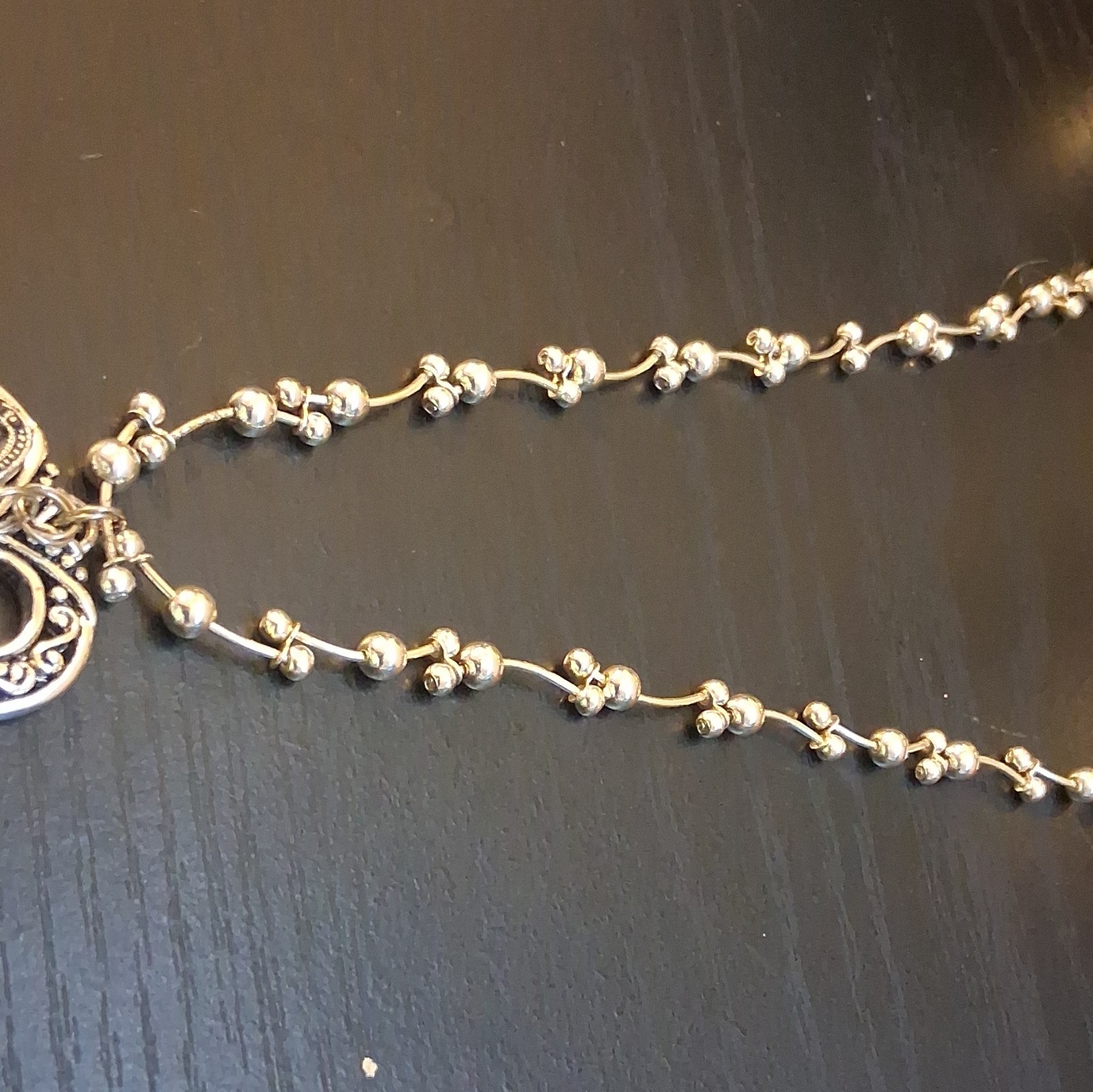 Silver Tone Ball/Bead Chain Necklace Heart Charm Pendant Red Clear Crystal