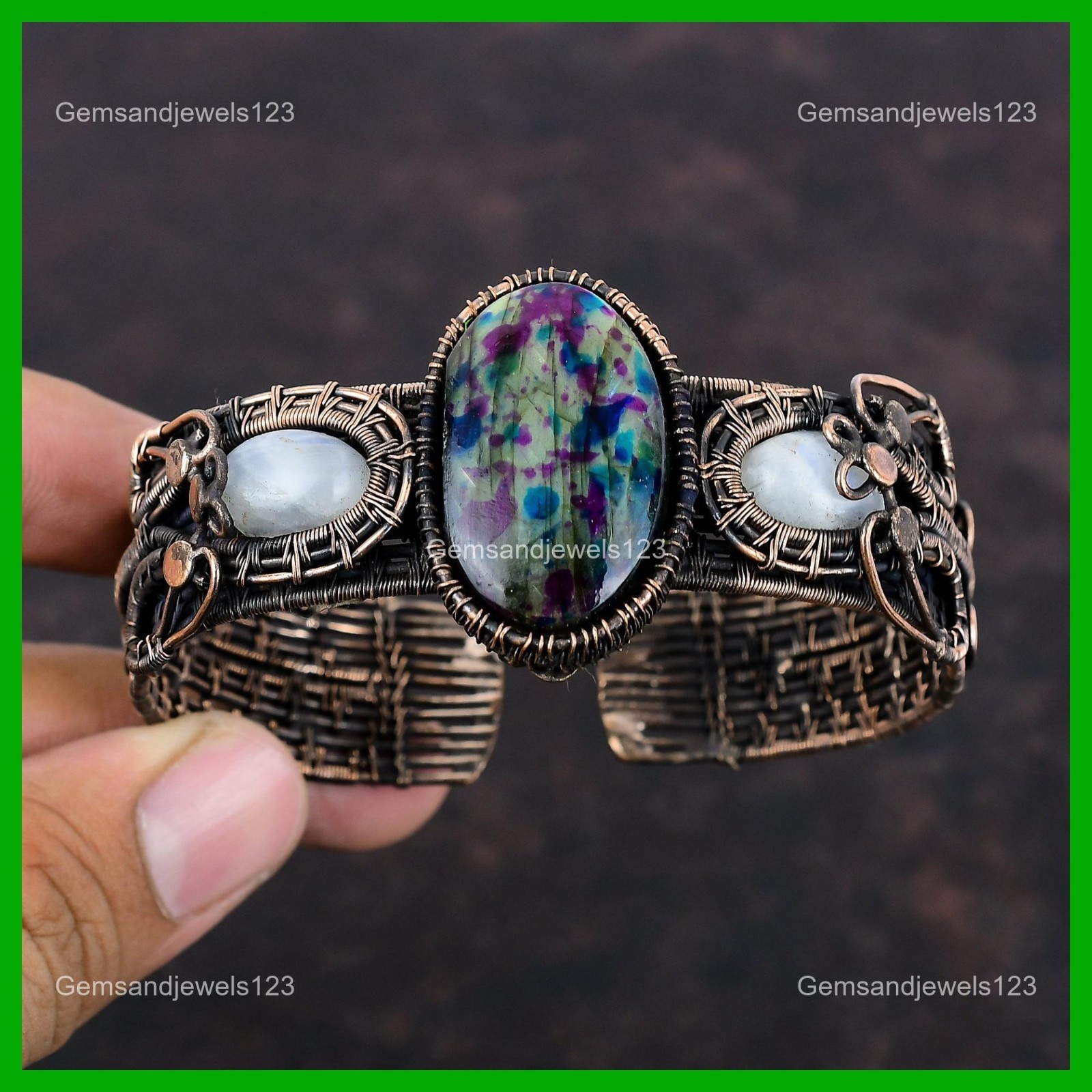 Multi Fire Labradorite Stone Rainbow Moonstone Copper Wife Boho Bangle Bracelet
