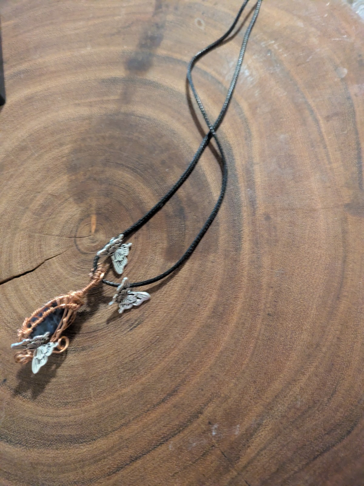 Copper Wire Wrapped Butterfly Charm Pendant Necklace on Black Cord No Clasp