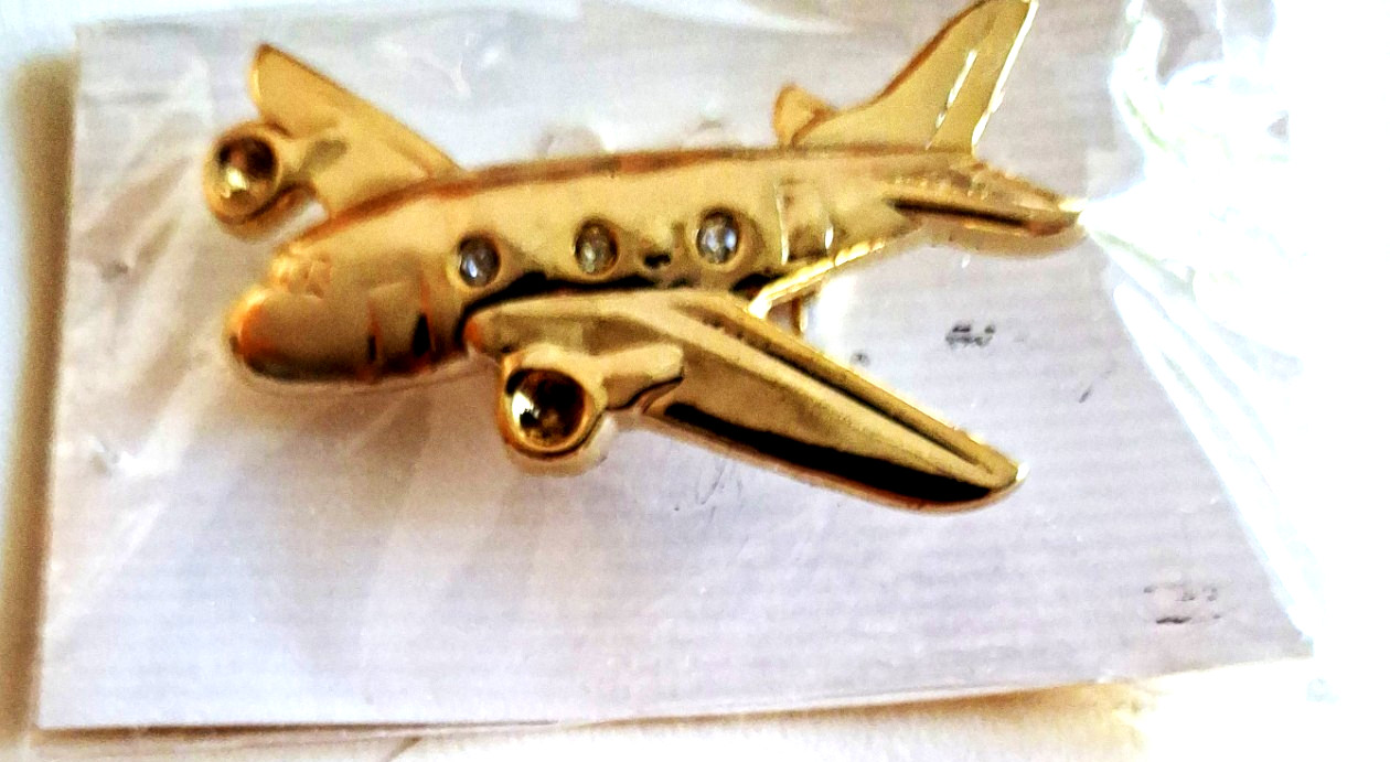 Jewelry 2 ladies Gold Tone airplane broch pins 2in length Fake Window Stones