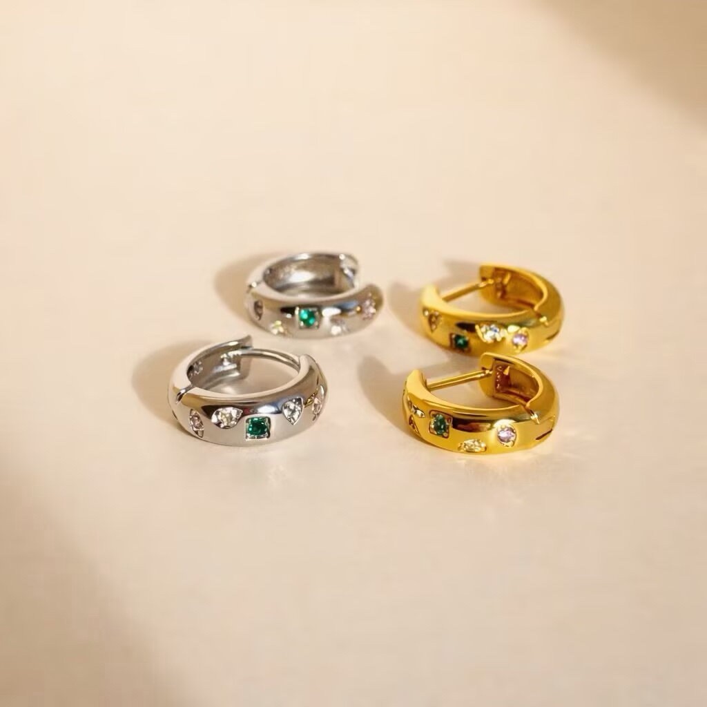 Colorful CZ Chunky Hoop Earrings For Women 925 Silver Hoop Earrings 022