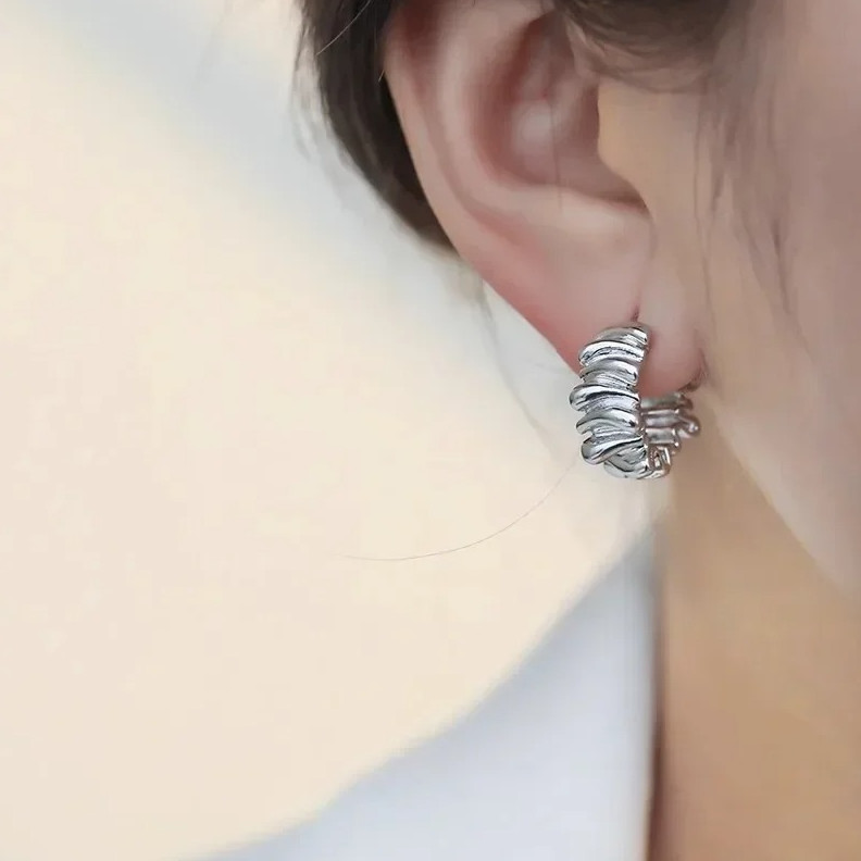 1 pair Vintage Chunky Stainless Steel Hoop Earrings Women Round Circle Jewelry