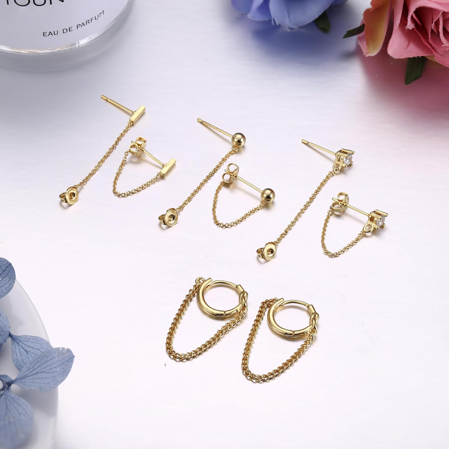 4 Pairs Chain Earrings for Women 14K Gold Earring Stacks Hypoallergenic Cute Cha