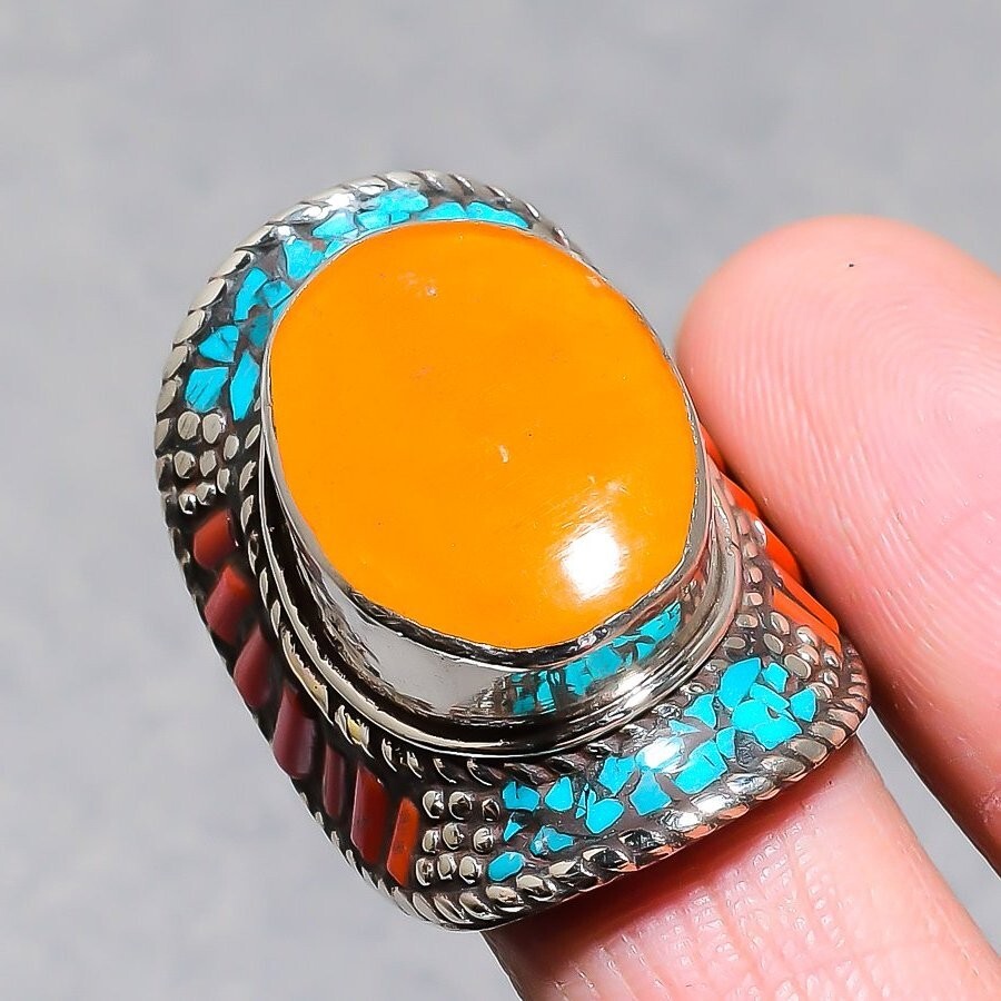 Yellow Coral Tibetan Turquoise Gemstone Ring Antique Boho Nepali Jewelry NR 3236