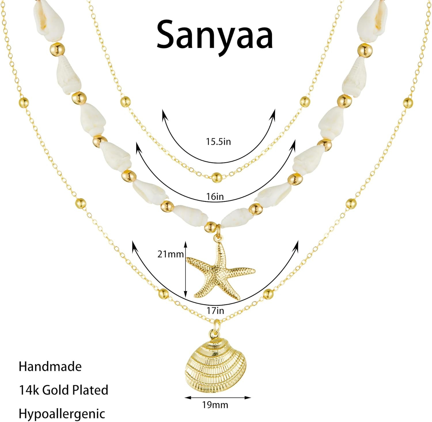 Seashell Starfish Necklace for Women Conch Shell Summer Pearl Beach 14K Gold Lay
