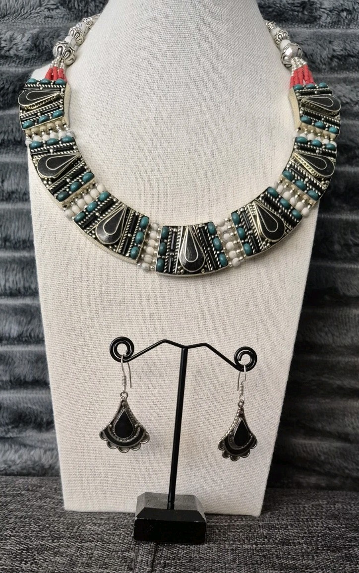 Nepal Tibetan Turquoise Ethnic Coral Turquoise Agate Handmade Necklace & Earring
