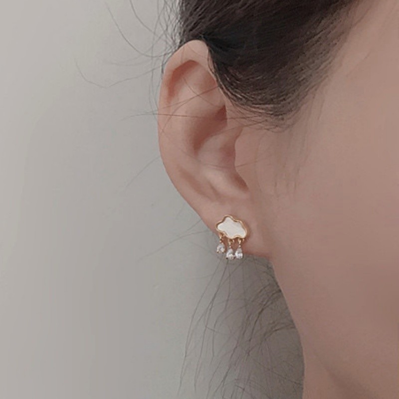 Pretty White Cloud Triple Raindrop CZ Hanging Gold Plated Stud Earrings