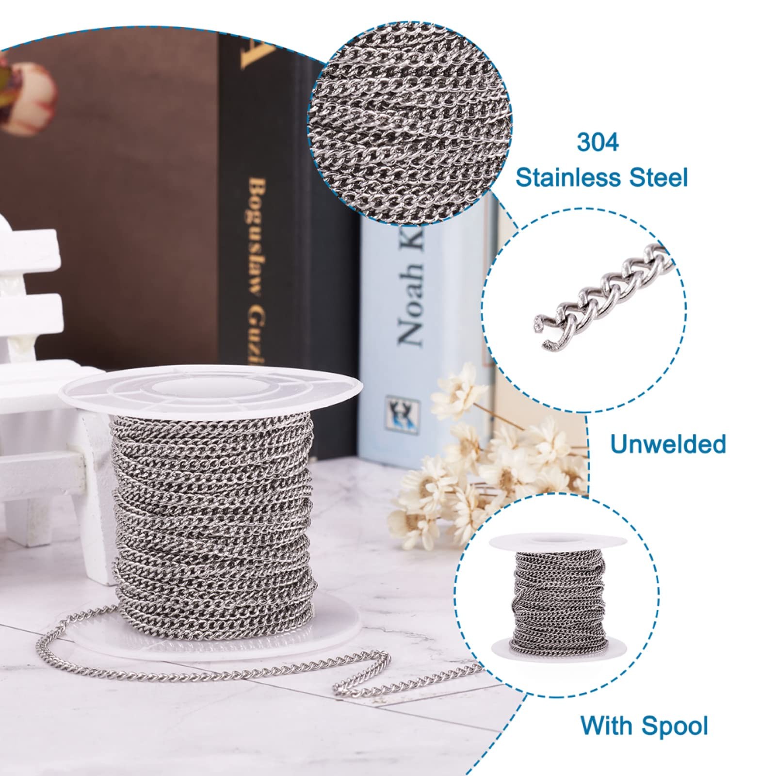Pandahall 32.8 Feet 304 Stainless Steel Curb Chains 2.7x2x0.5mm Metal Link Ch…