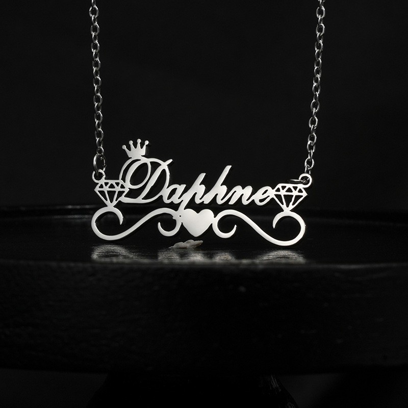 Custom Stainless Steel Name Necklace Gold Plated Crown Heart Pendant Jewelry