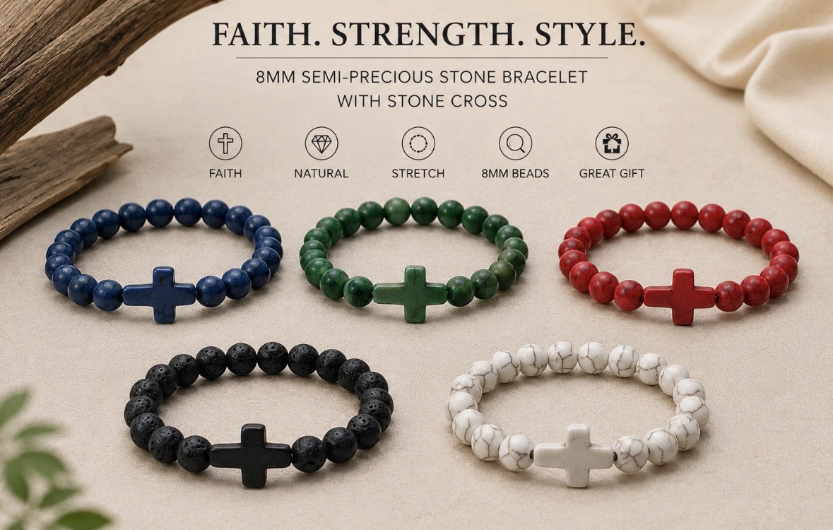 Christian Cross Beaded Bracelet Semi-Precious Stone Stretch Bracelet 8MM