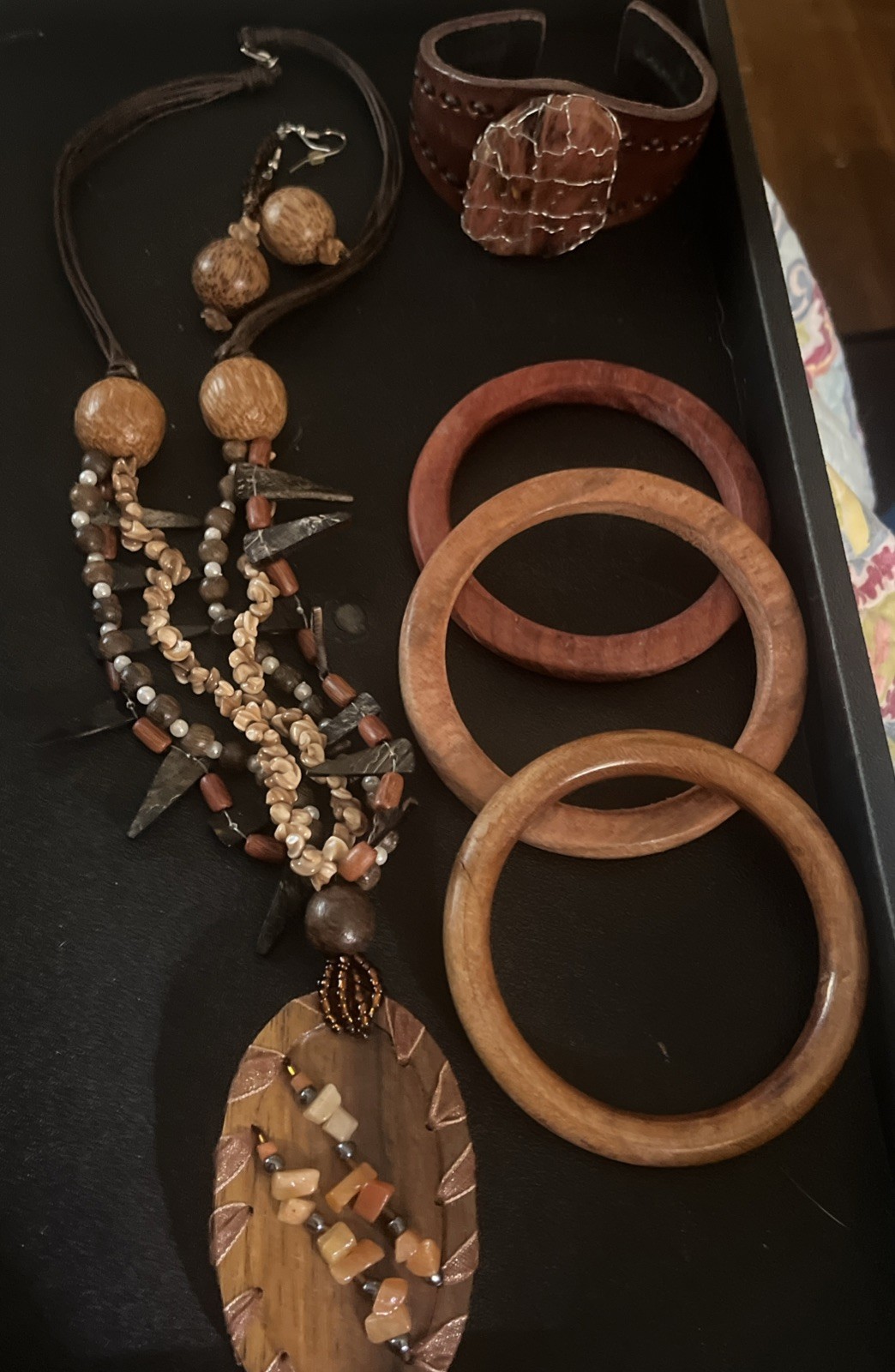 Artisan Boho Jewelry Bundle – 1 Necklace, 4 Bracelets, 1 Pair Earring Wood Cool