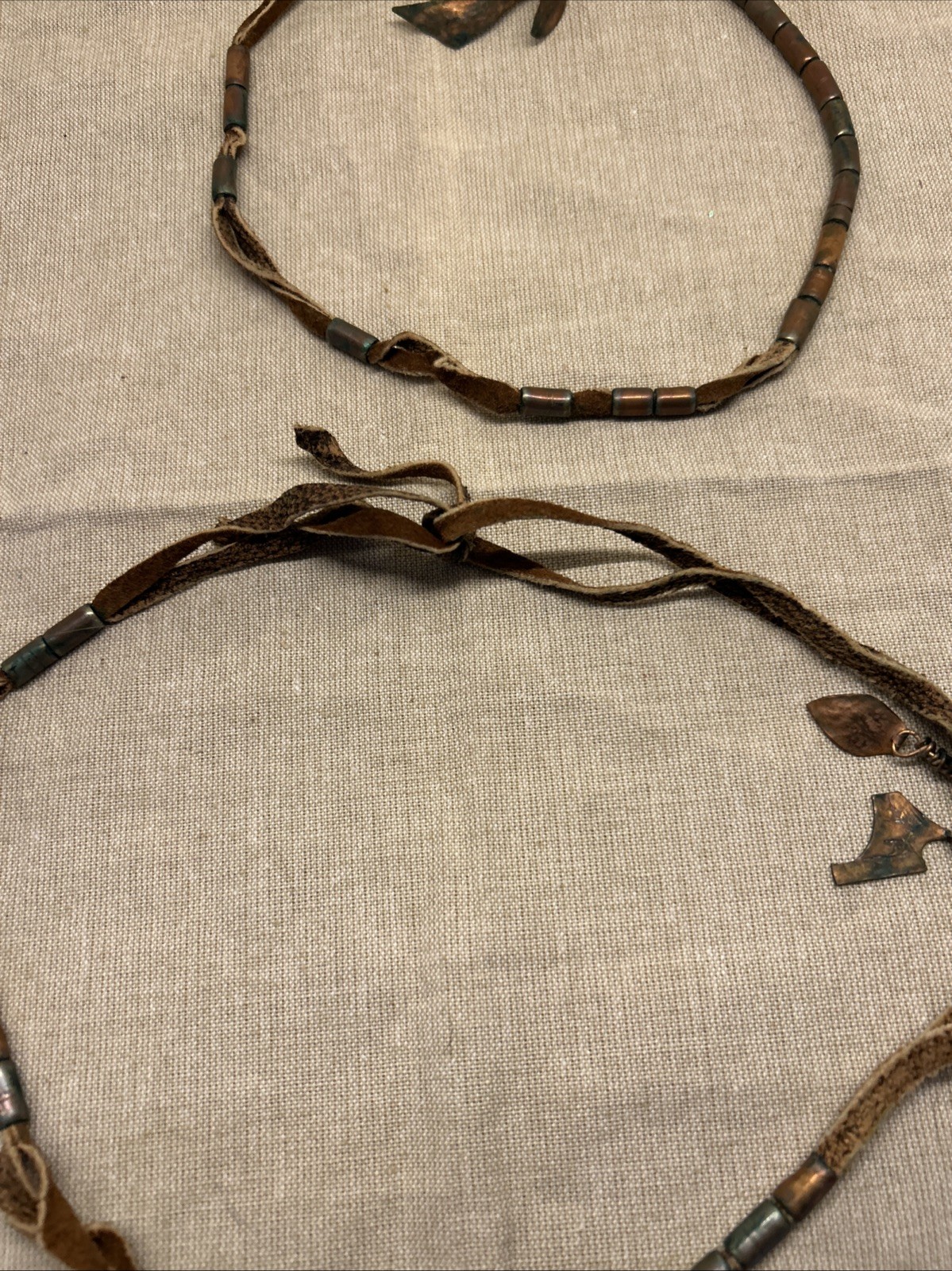 Set of Two Boho Tribal Style Necklaces Leather Cord Copper Metal Charms Beads