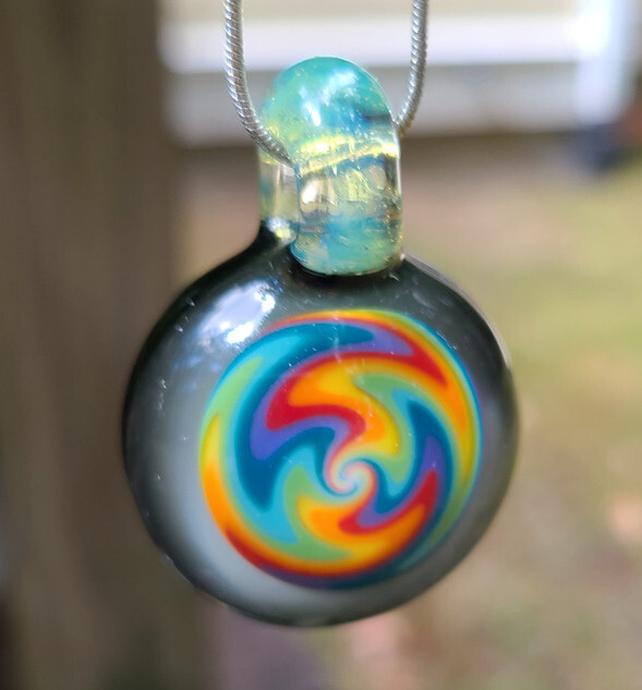 Handmade CFL Reactive Green To Purple Pastel Rainbow Glass Pendant -silver chain