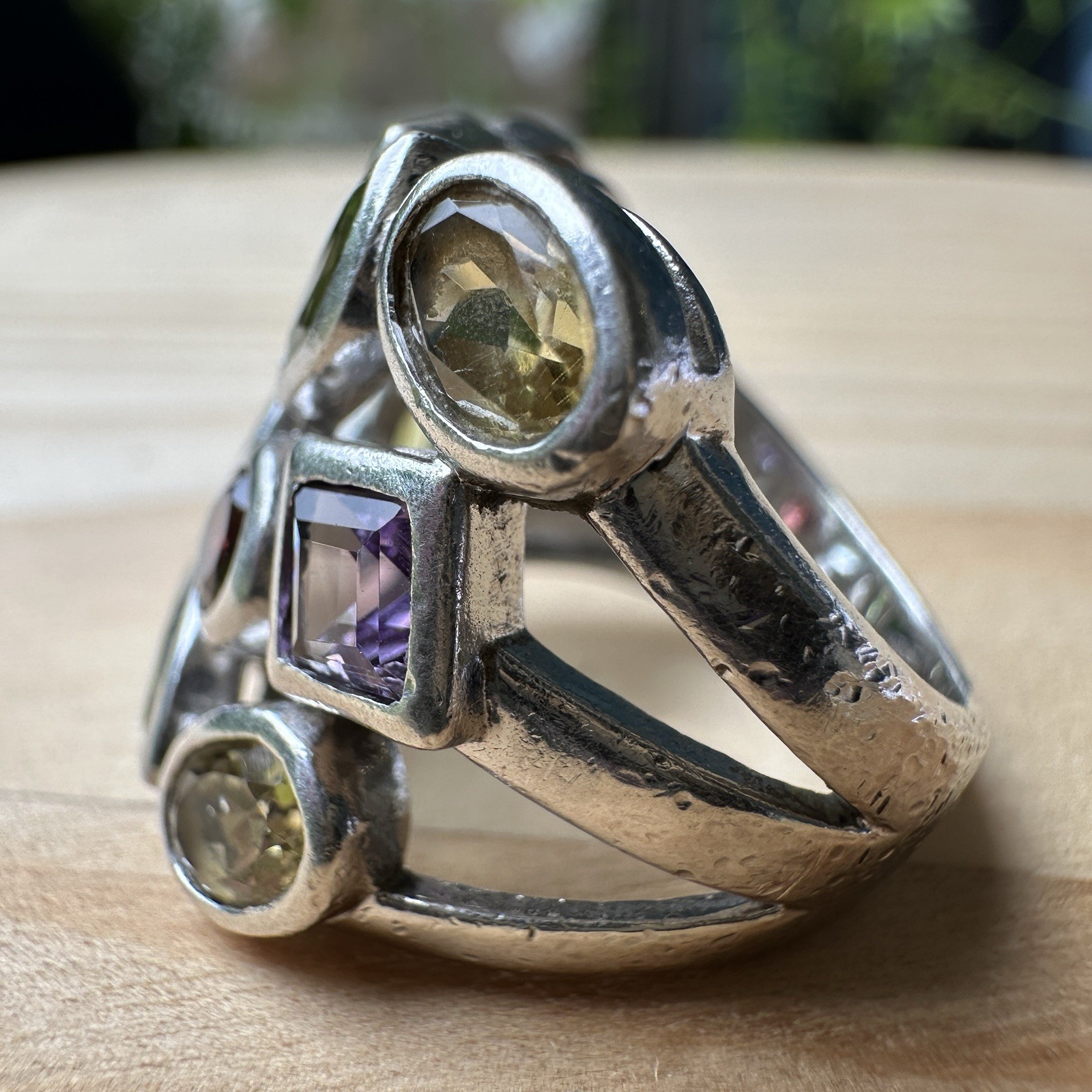 VTG ADI Statement Ring Size 6 Peridot Amethyst Garnet Gems 925 Sterling 9.1g